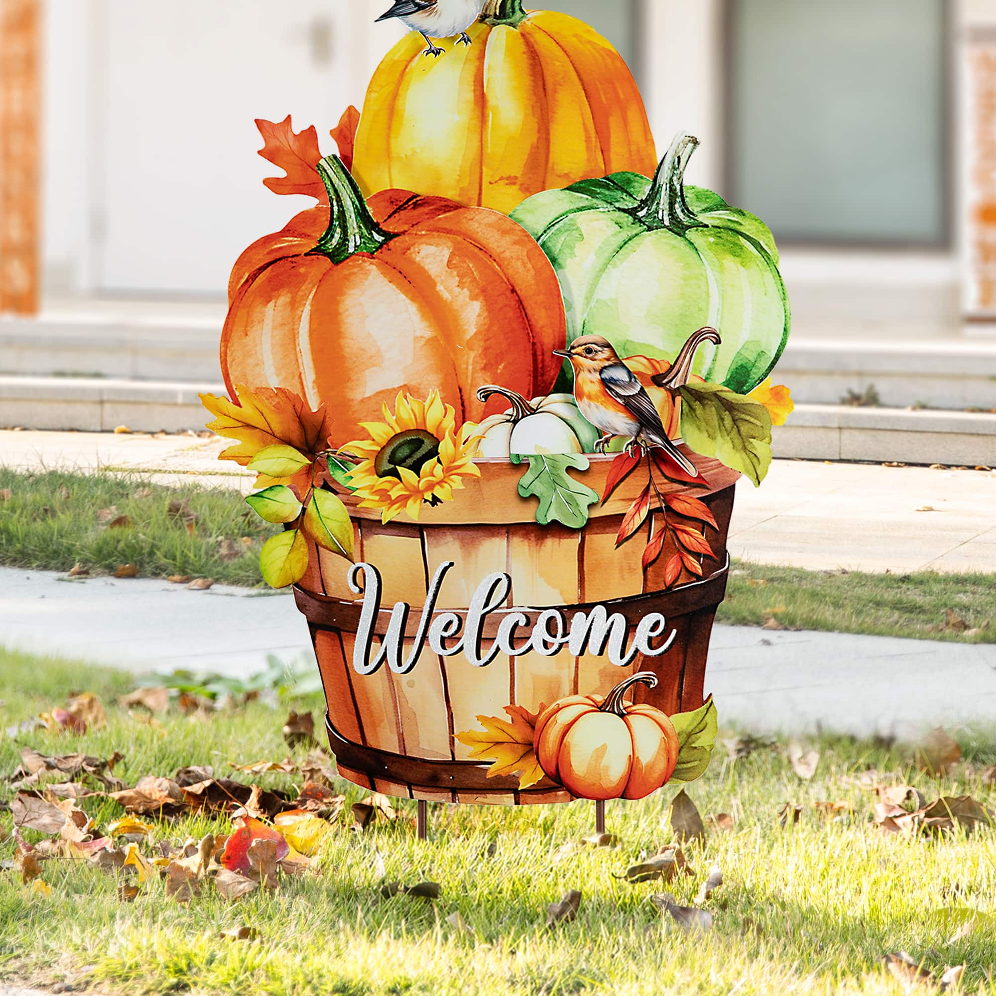 Glitzhome&#xAE; 30.25&#x22; Fall Metal Pumpkins with Barrel Yard Stake