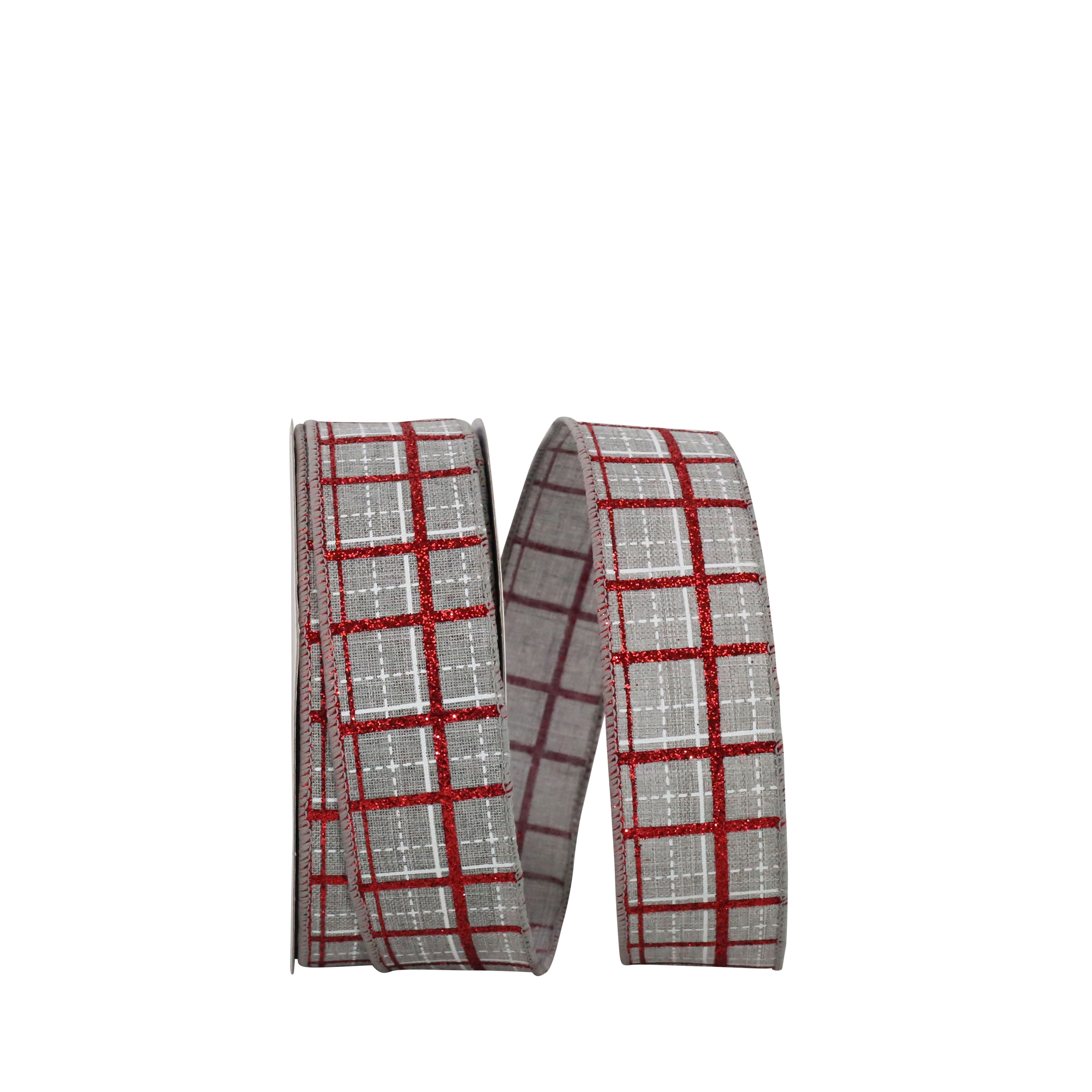 JAM Paper 1.5" x 20yd. Gray Wired Plaid Glitter Printed Stitch Ribbon