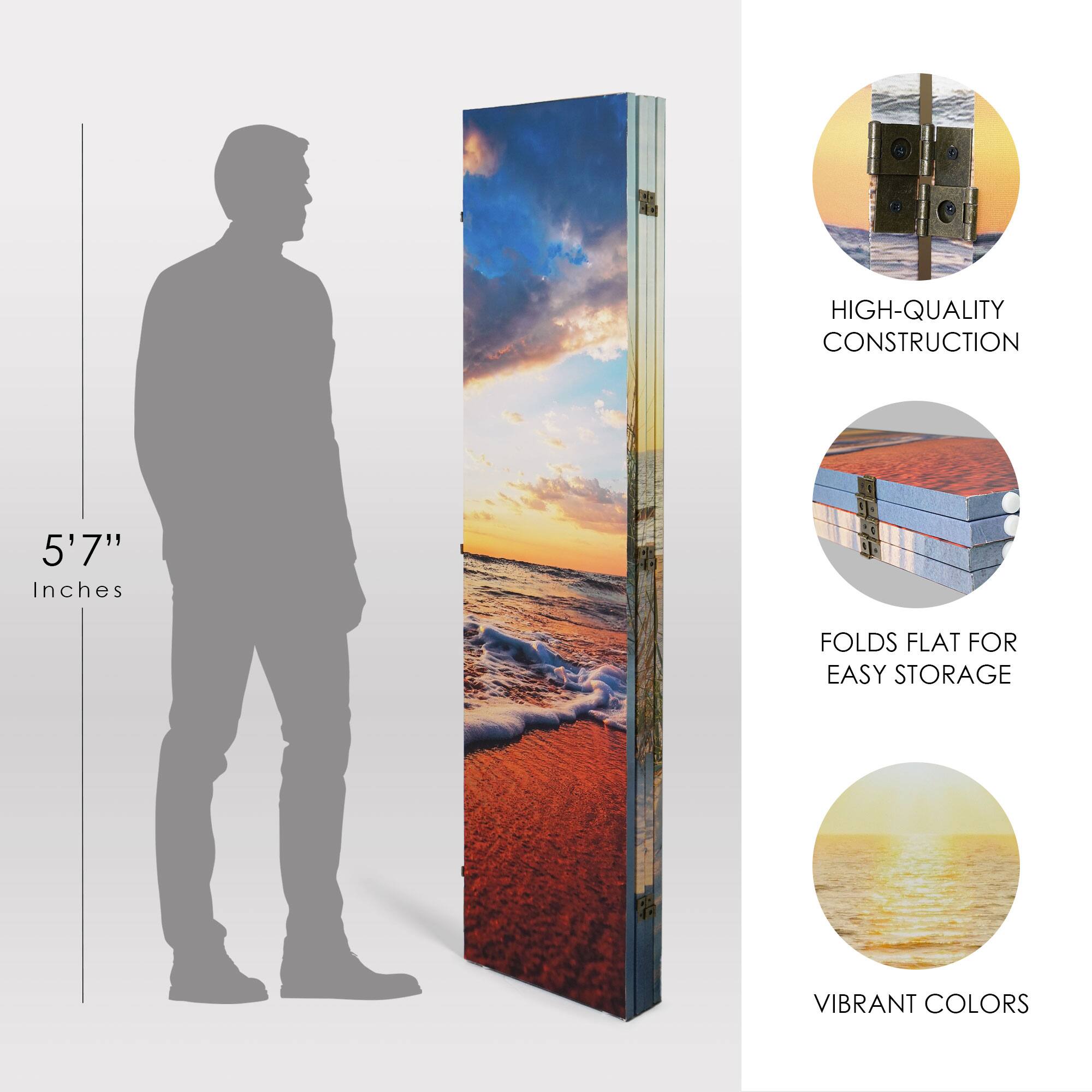 American Art Decor&#x2122; 6ft. Double-Sided 4-Panel Baltic Sea Beach Sunrise Portable Canvas Privacy Screen