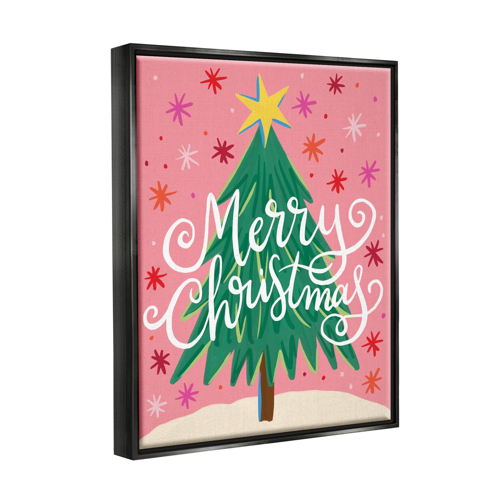 Stupell Industries Merry Christmas Pink Starry Pattern Framed Floater Canvas Wall Art