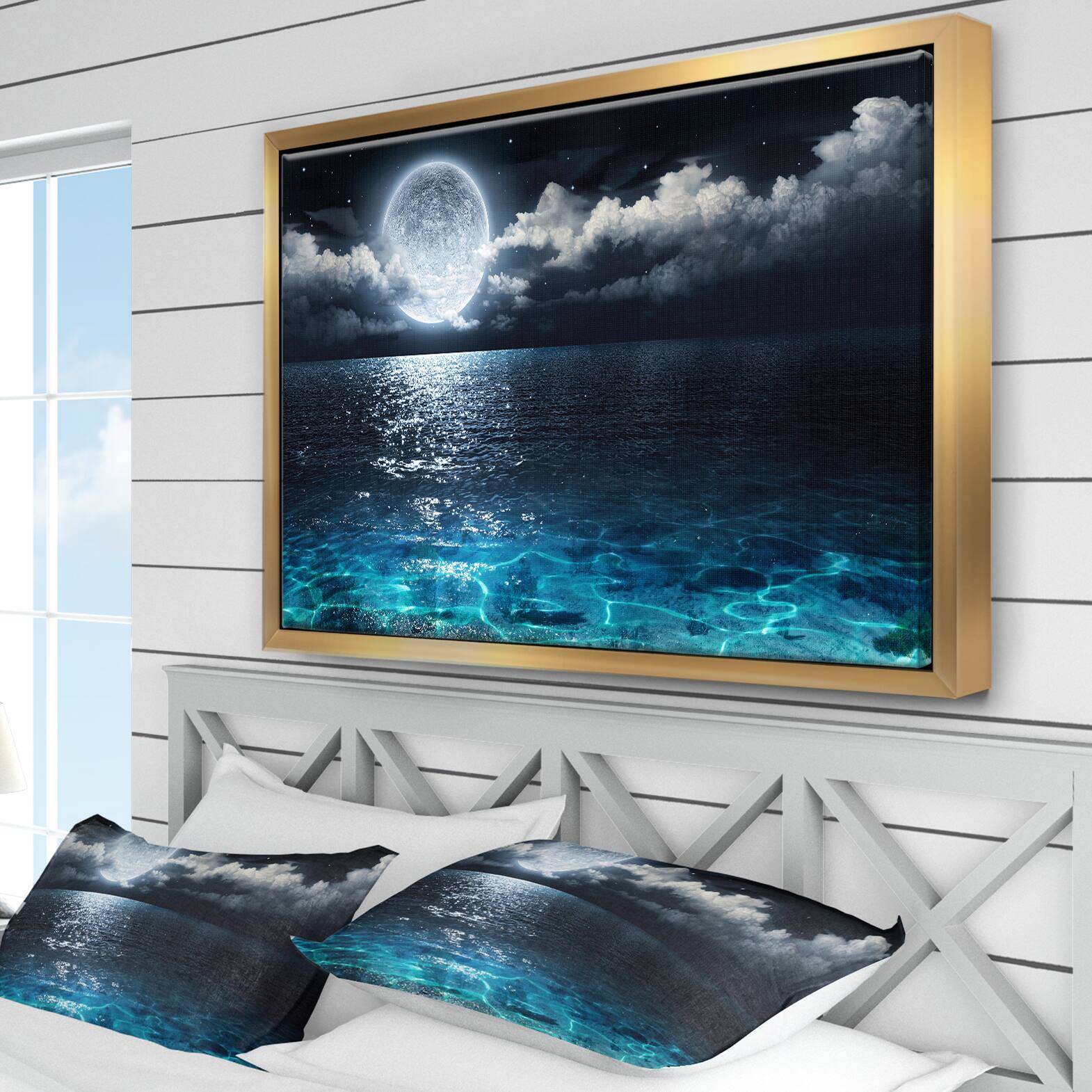 Designart - Romantic Full Moon Over Sea - Seascape Framed Canvas Art Print