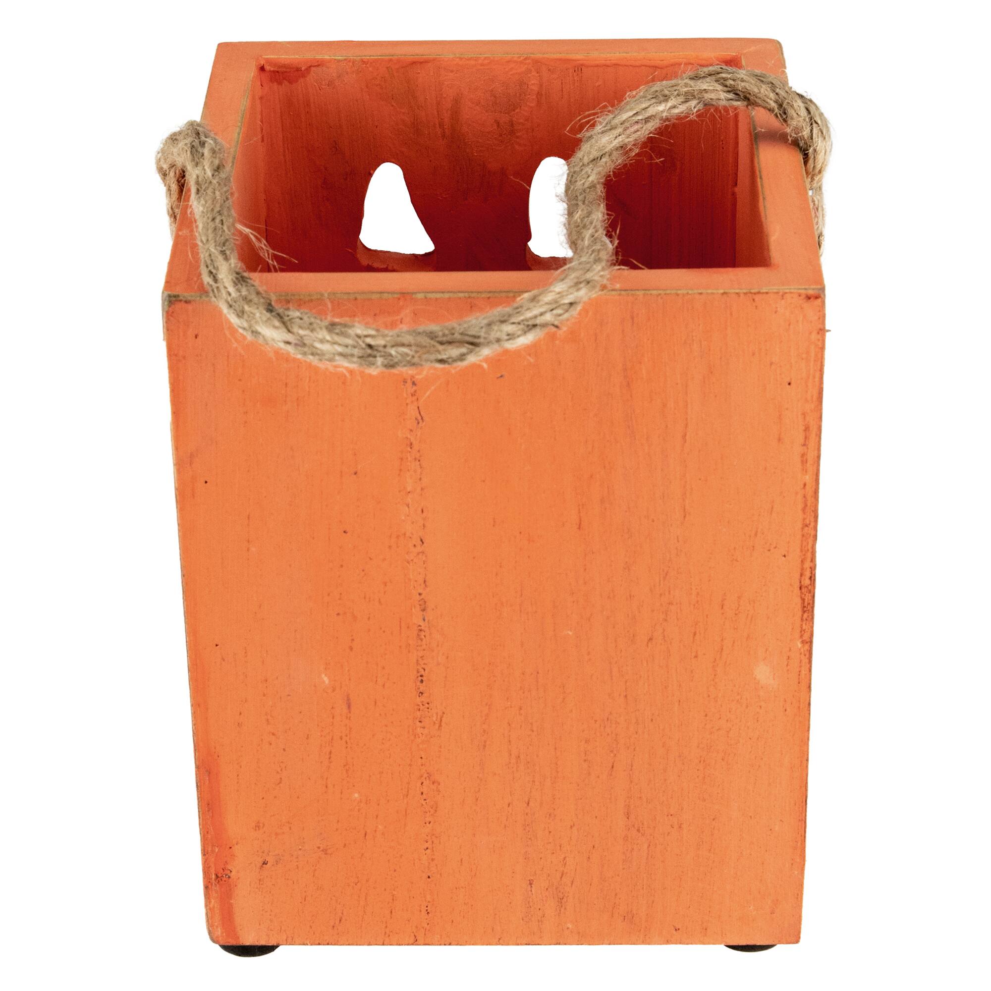 6&#x22; Orange Wood Jack-O-Lantern Halloween Candle Lantern