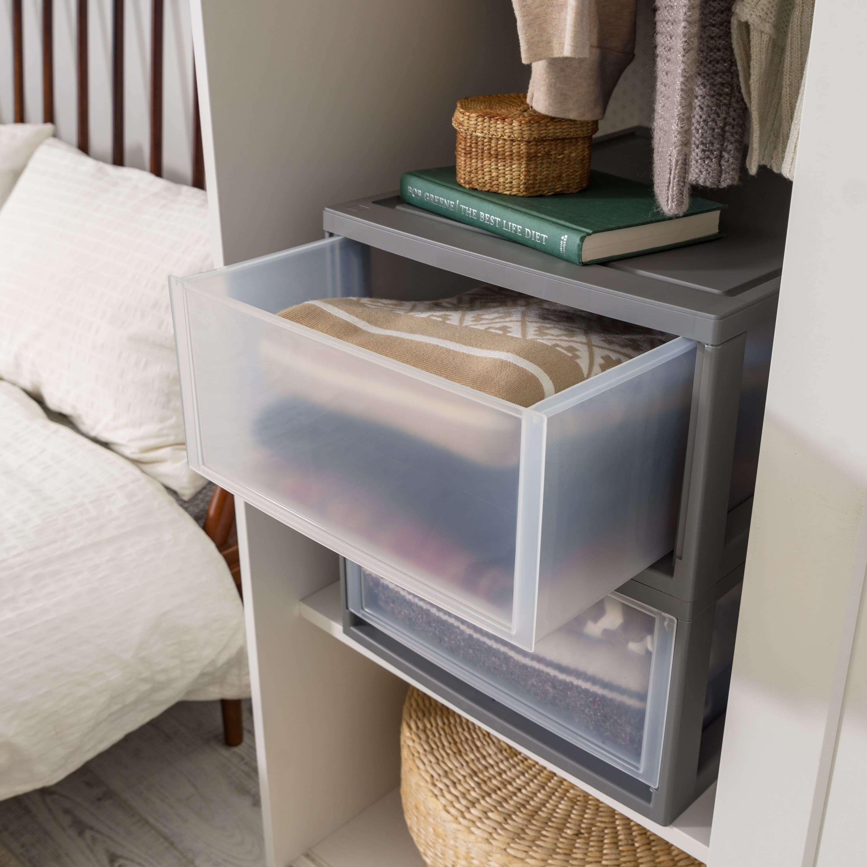 IRIS&#xAE; 29.5qt. Gray &#x26; Clear Stacking Storage Drawers, 2ct.