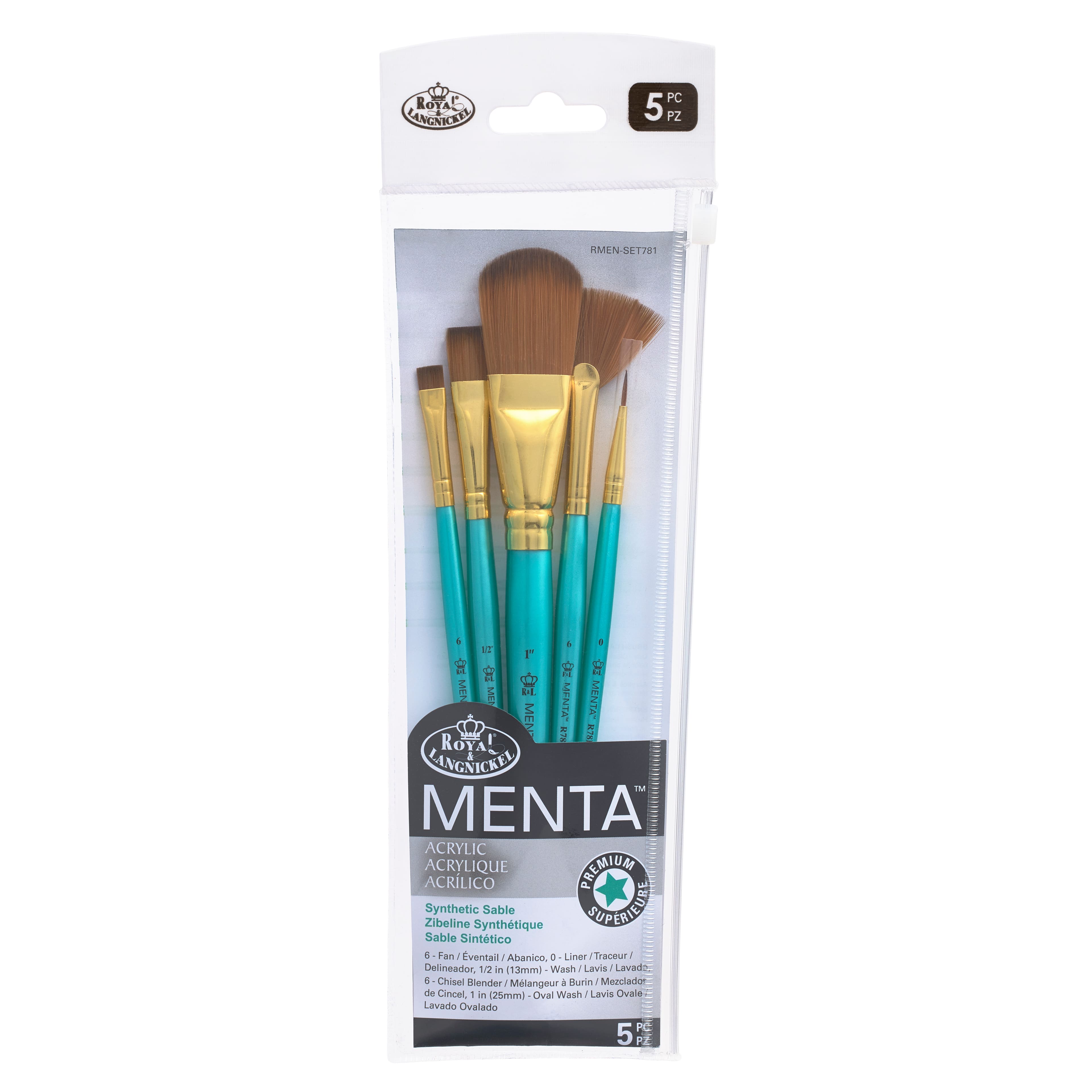 Royal &#x26; Langnickel&#xAE; Menta&#x2122; Fan &#x26; Liner Synthetic Acrylic 5 Piece Brush Set