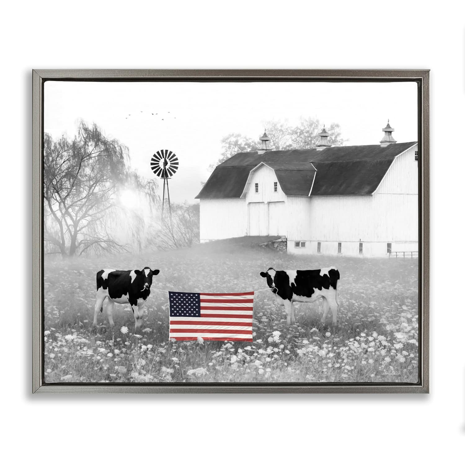 Stupell Industries Americana Barn Country Cows Flag Floater Framed Art