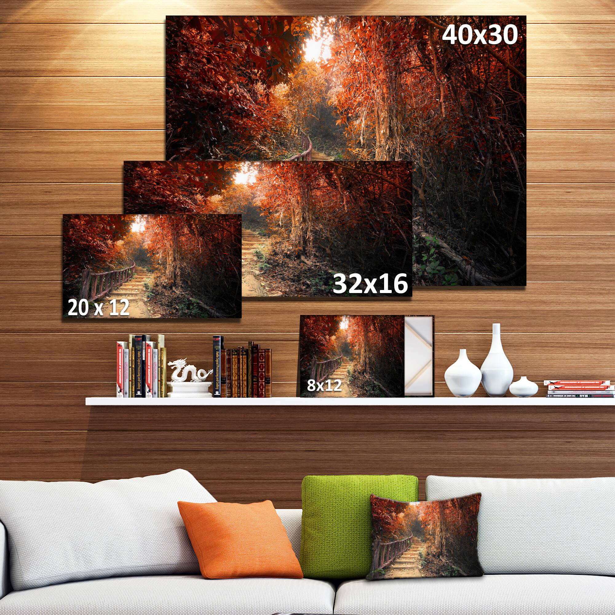Designart - Stairway Through Red Fall Forest - Landscape Photography Canvas Print
