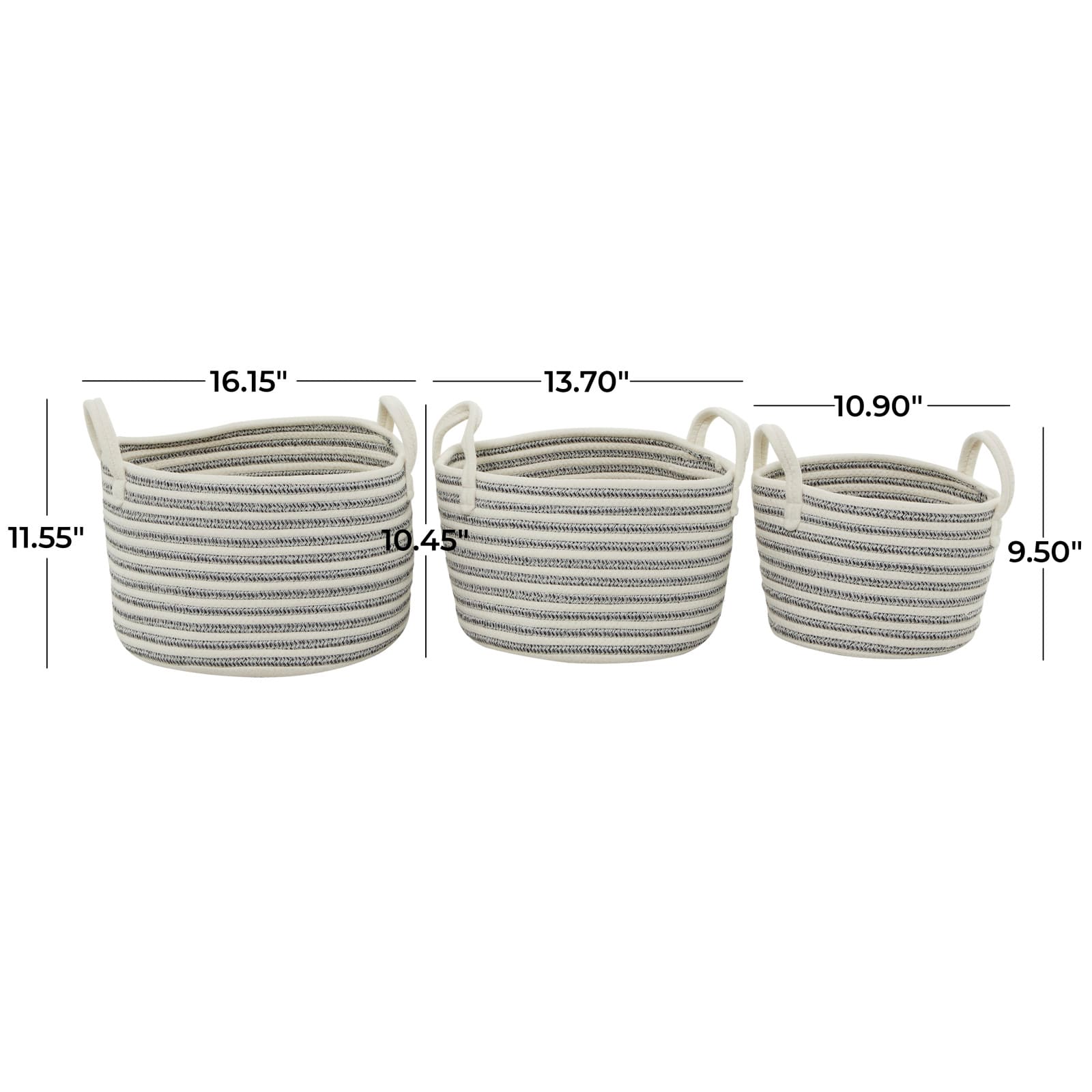 Gray Cotton Handmade Storage Basket with Handles Set of 3 12", 10", 10"