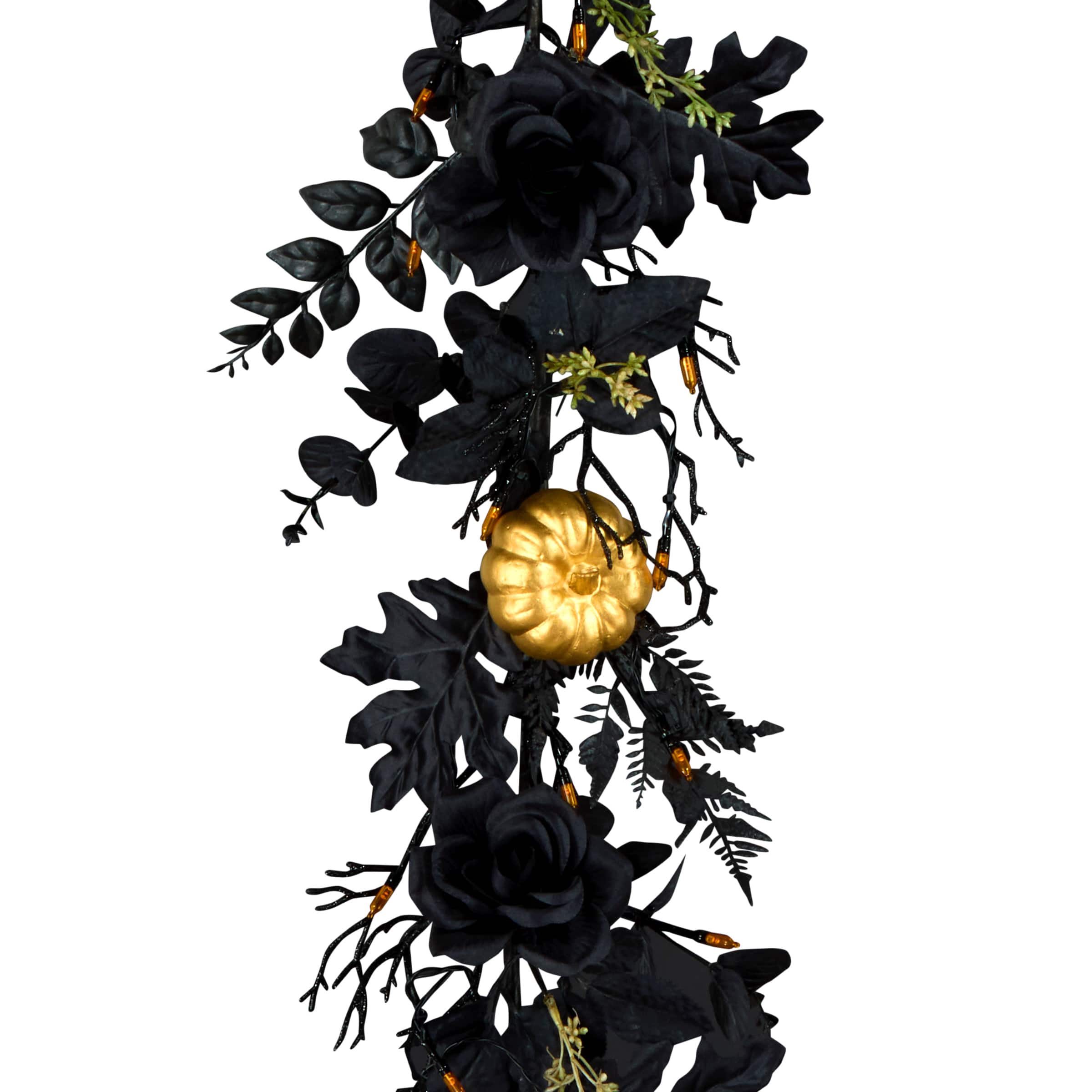 6ft. Chic Eek Black & Gold Halloween Pumpkin & Flower Pre-Lit LED Garland