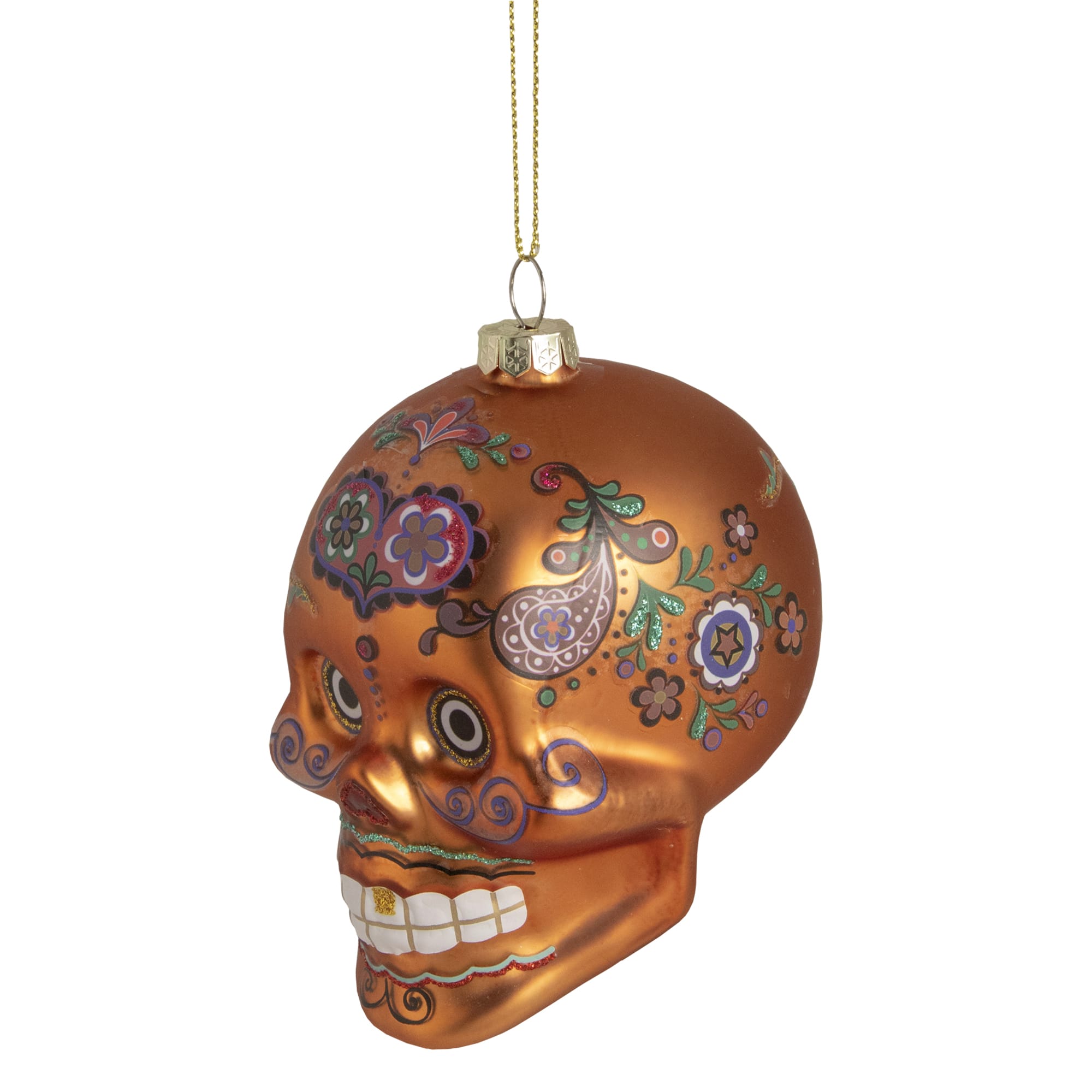 Orange Day of the Dead Glass Skull Halloween Ornament