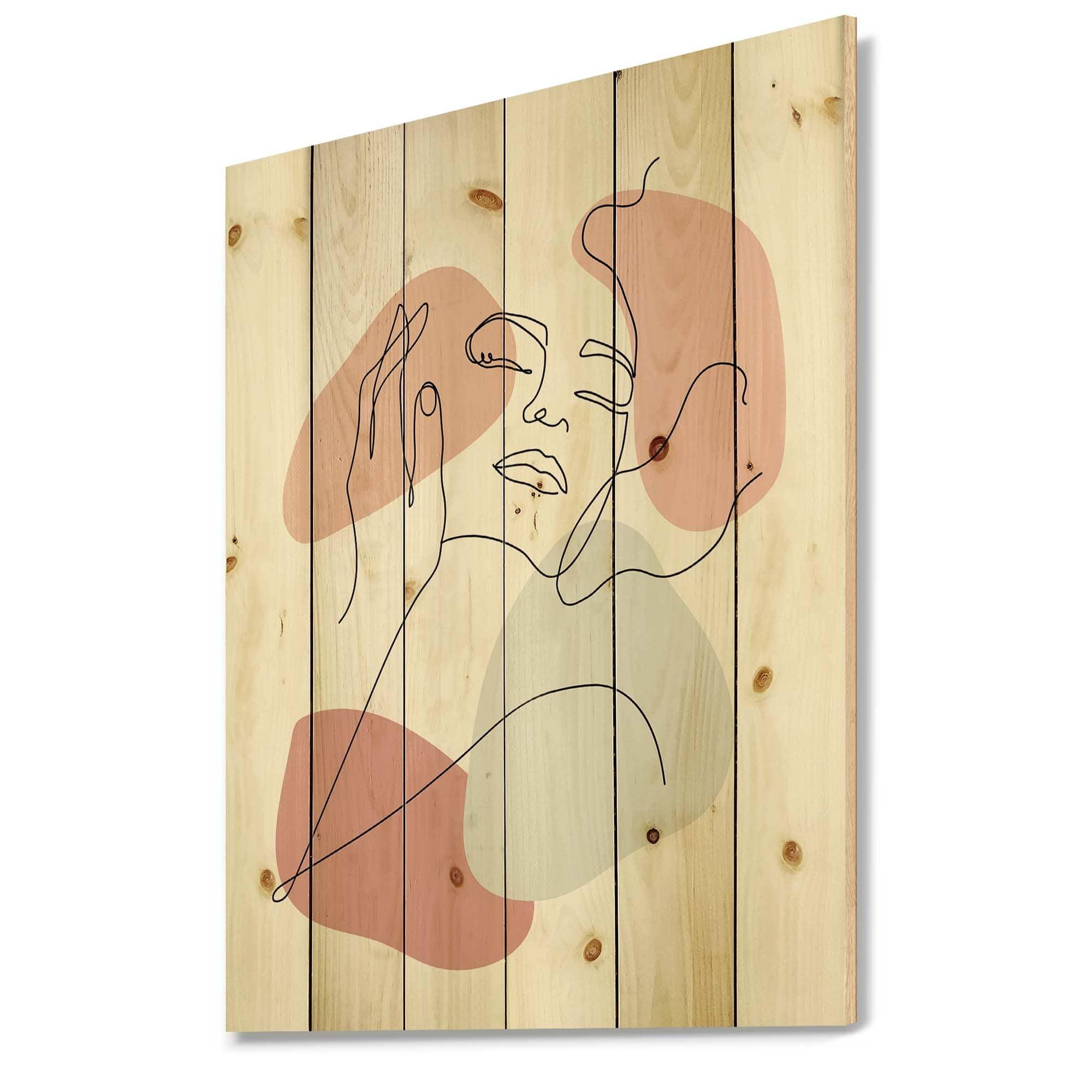 Designart - Continuous Line Portrait of Woman In - Modern Print on Natural Pine Wood