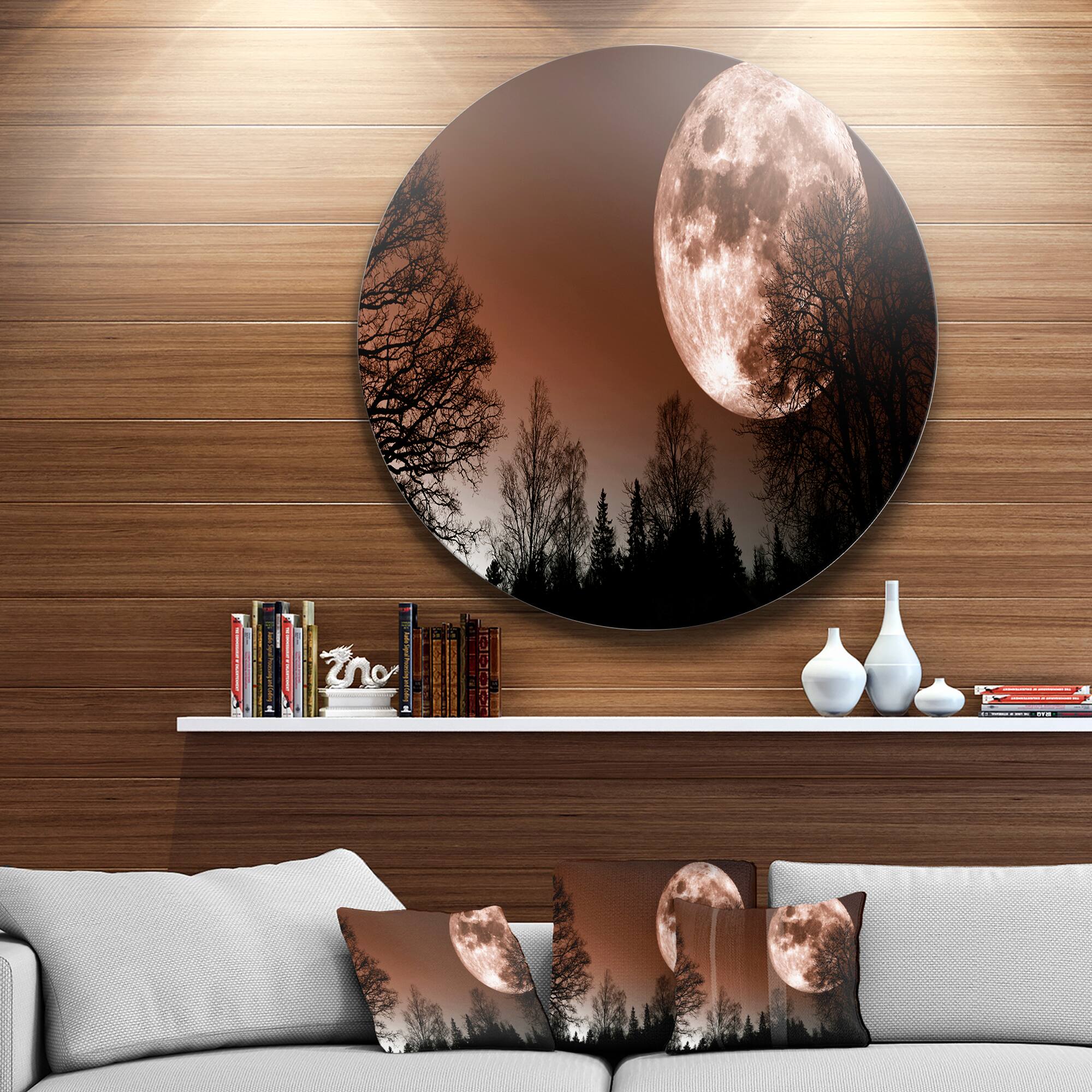 Designart - Red Moon Rise over Dark Trees&#x27; Landscape Metal Circle Wall Art