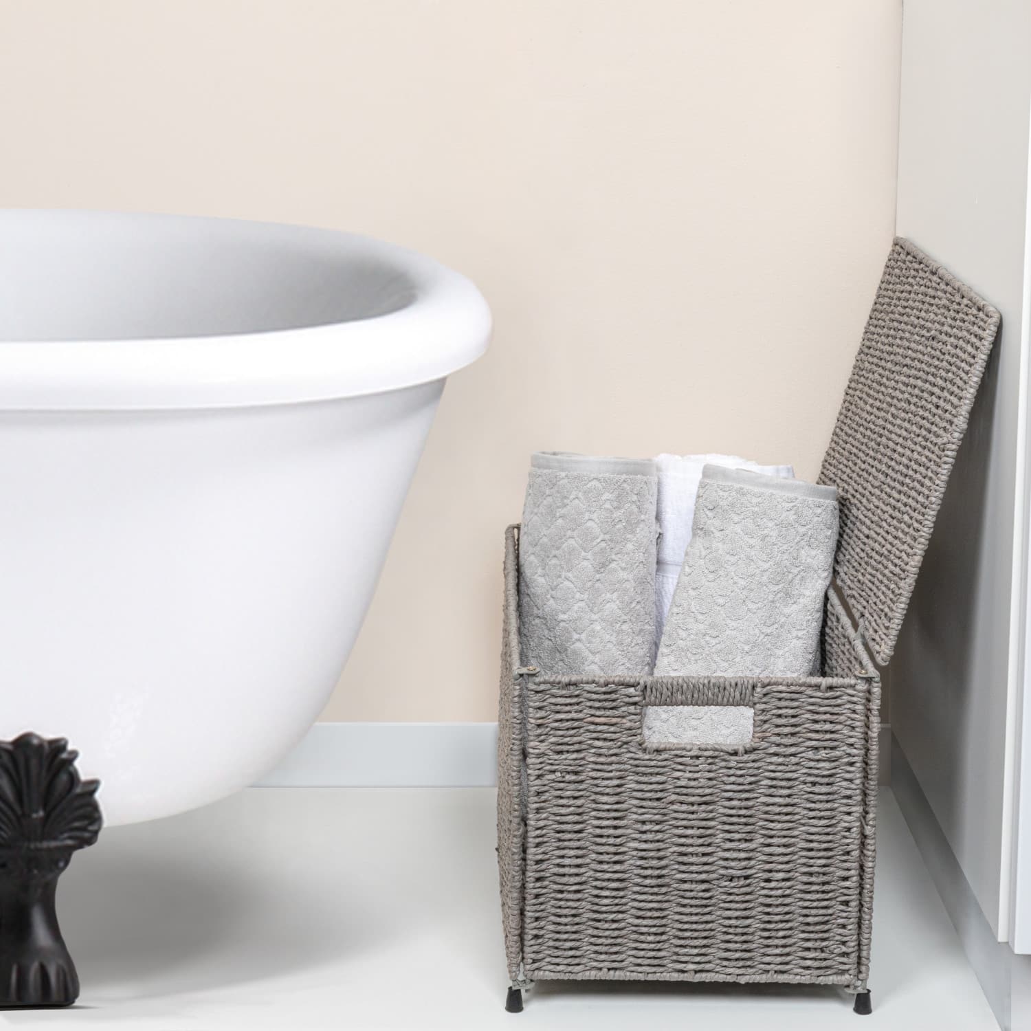 Gray Woven Paper Rope Storage Chest with Hinged Lid & Integrated Handles