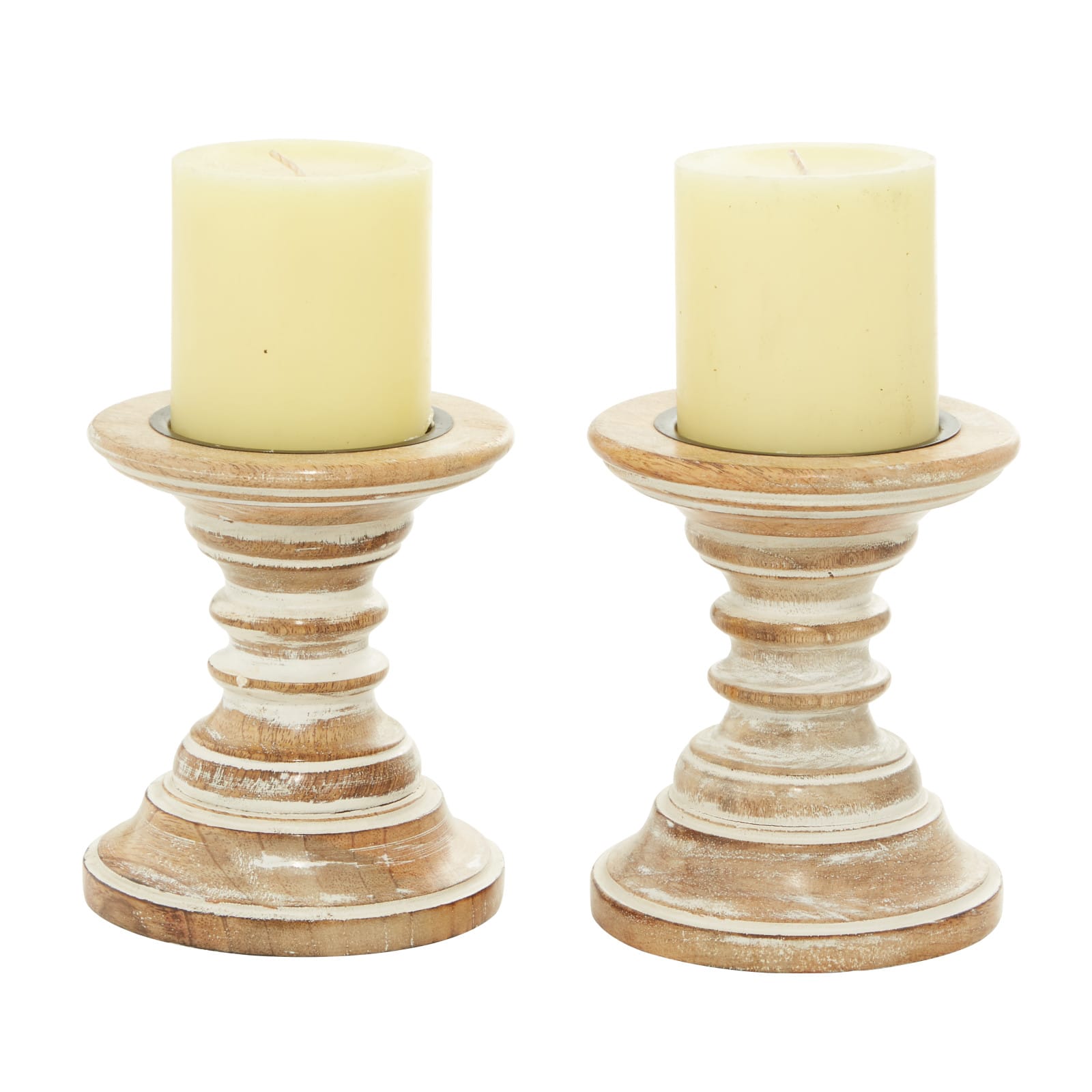 6'' Light Brown Mango Wood Traditional Candle Holder, 2ct.