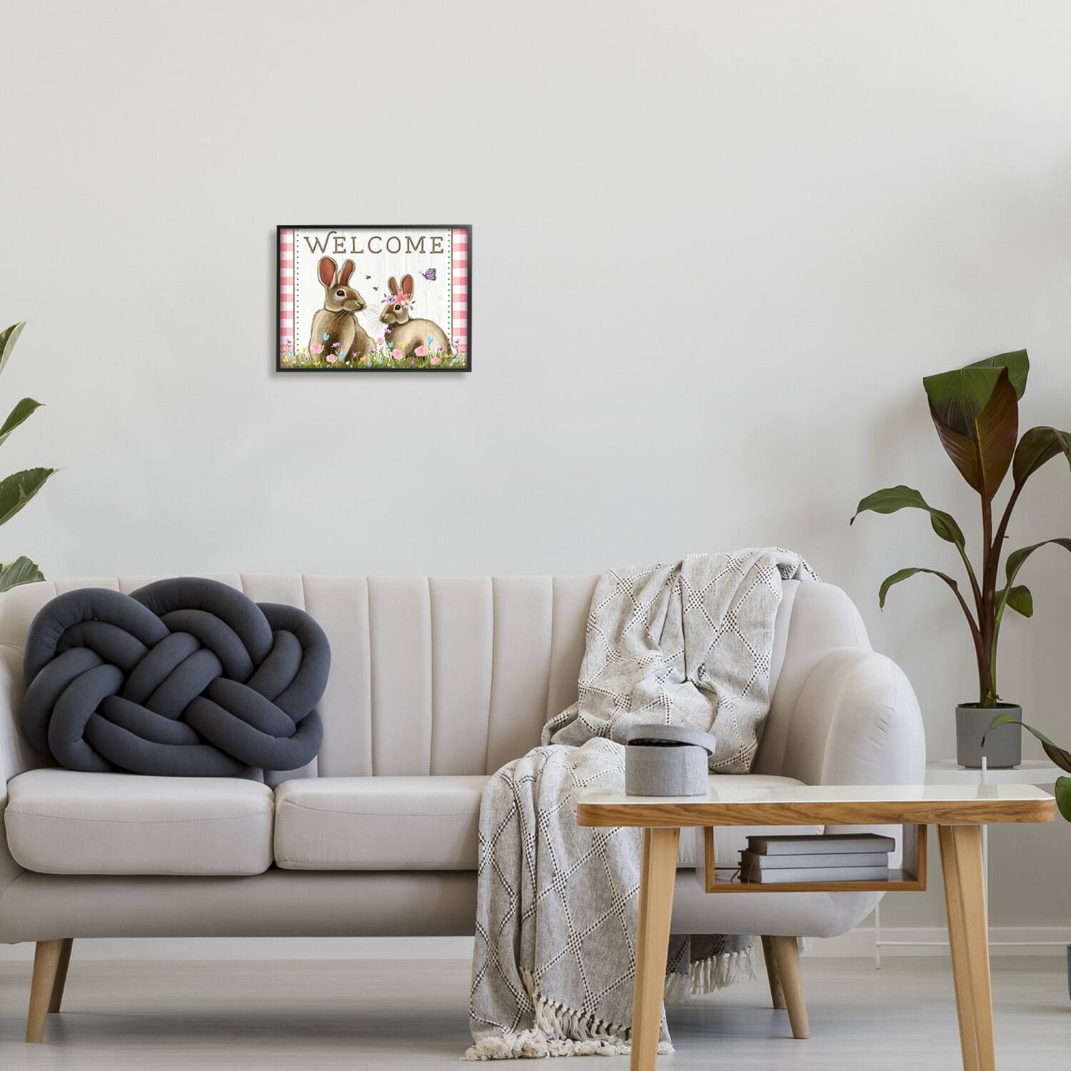 Stupell Industries Welcome Plaid Spring Garden Rabbits Framed Giclee Art