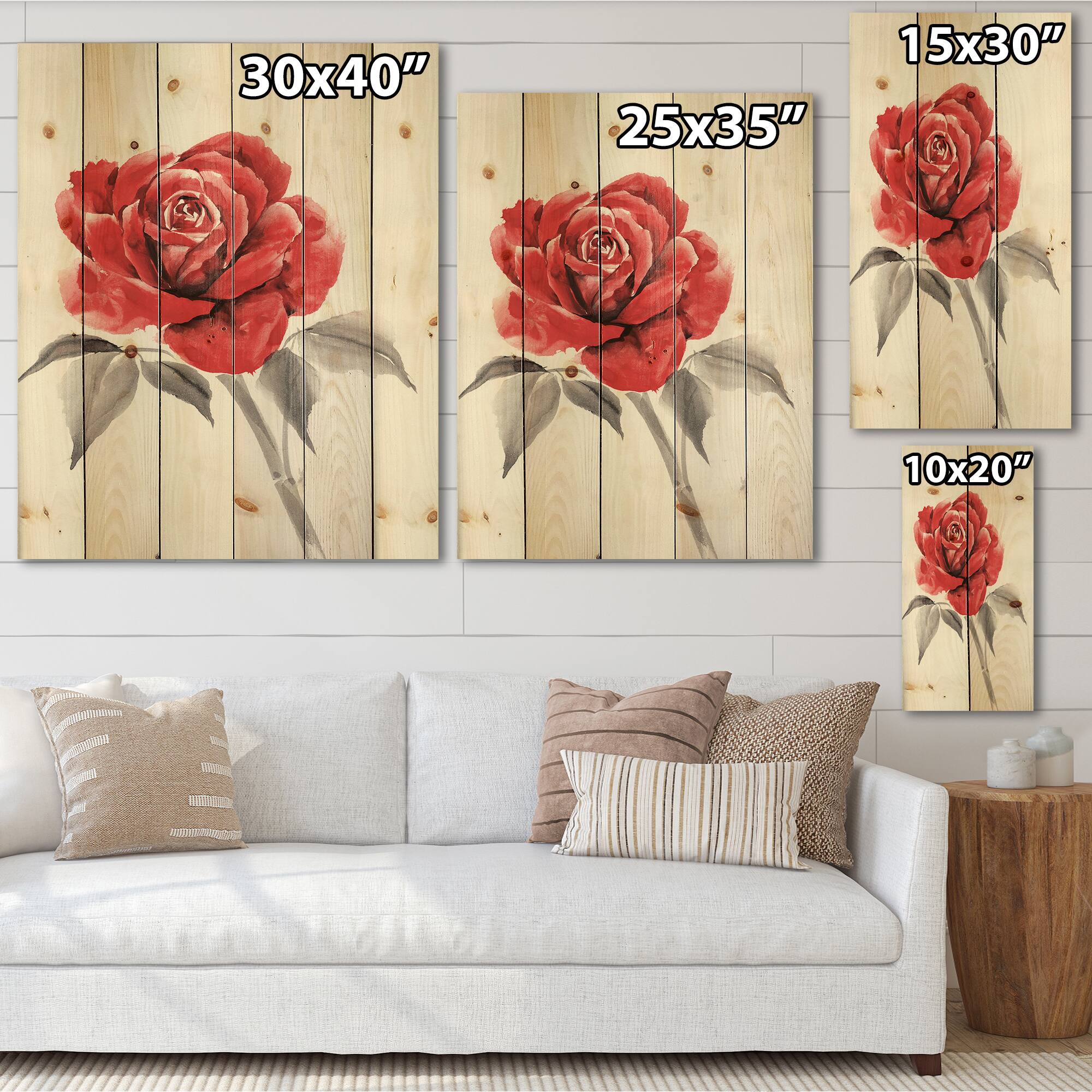 Designart - Vintage Red Rose Flower I - Traditional Print on Natural Pine Wood