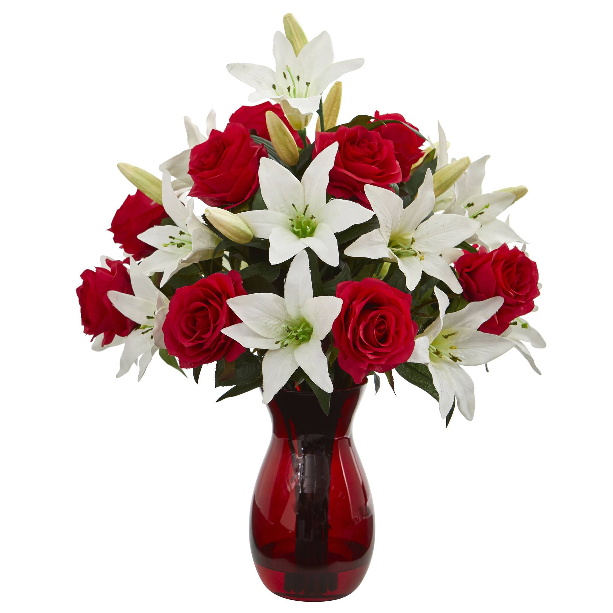 21" Red Roses & White Lilies Arrangement in Red Vase Michaels