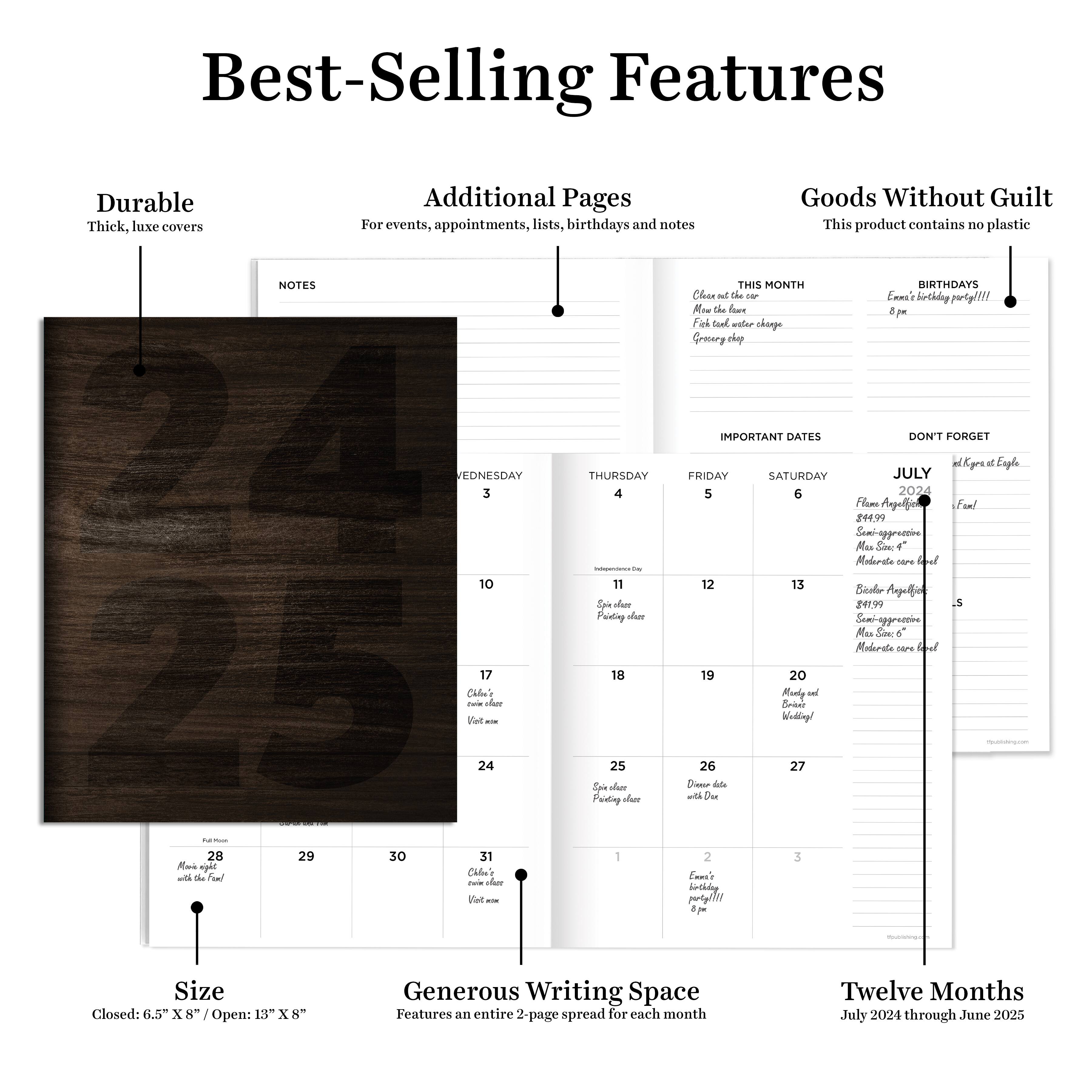 TF Publishing 2024-2025 Medium Walnut Wood Monthly Planner