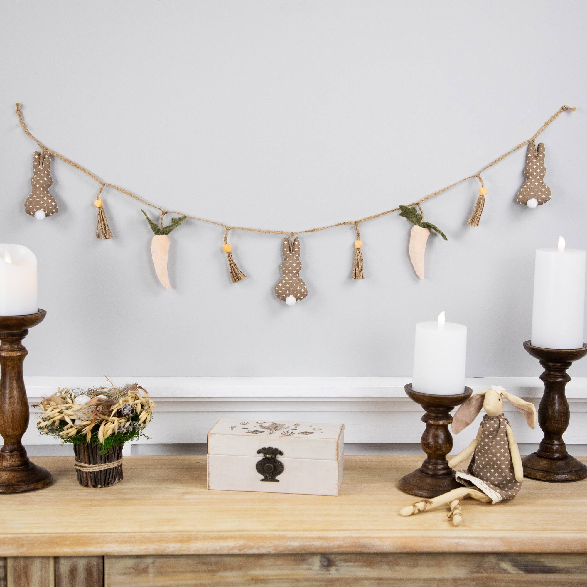 4ft. Beige &#x26; White Carrot &#x26; Plush Easter Bunny Garland