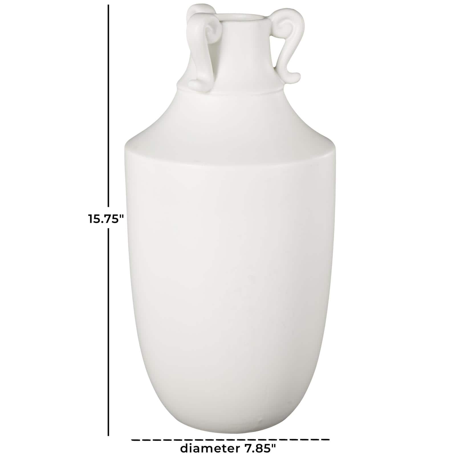 15.75" White Ceramic Sleek Amphora Vase with Scroll Handles