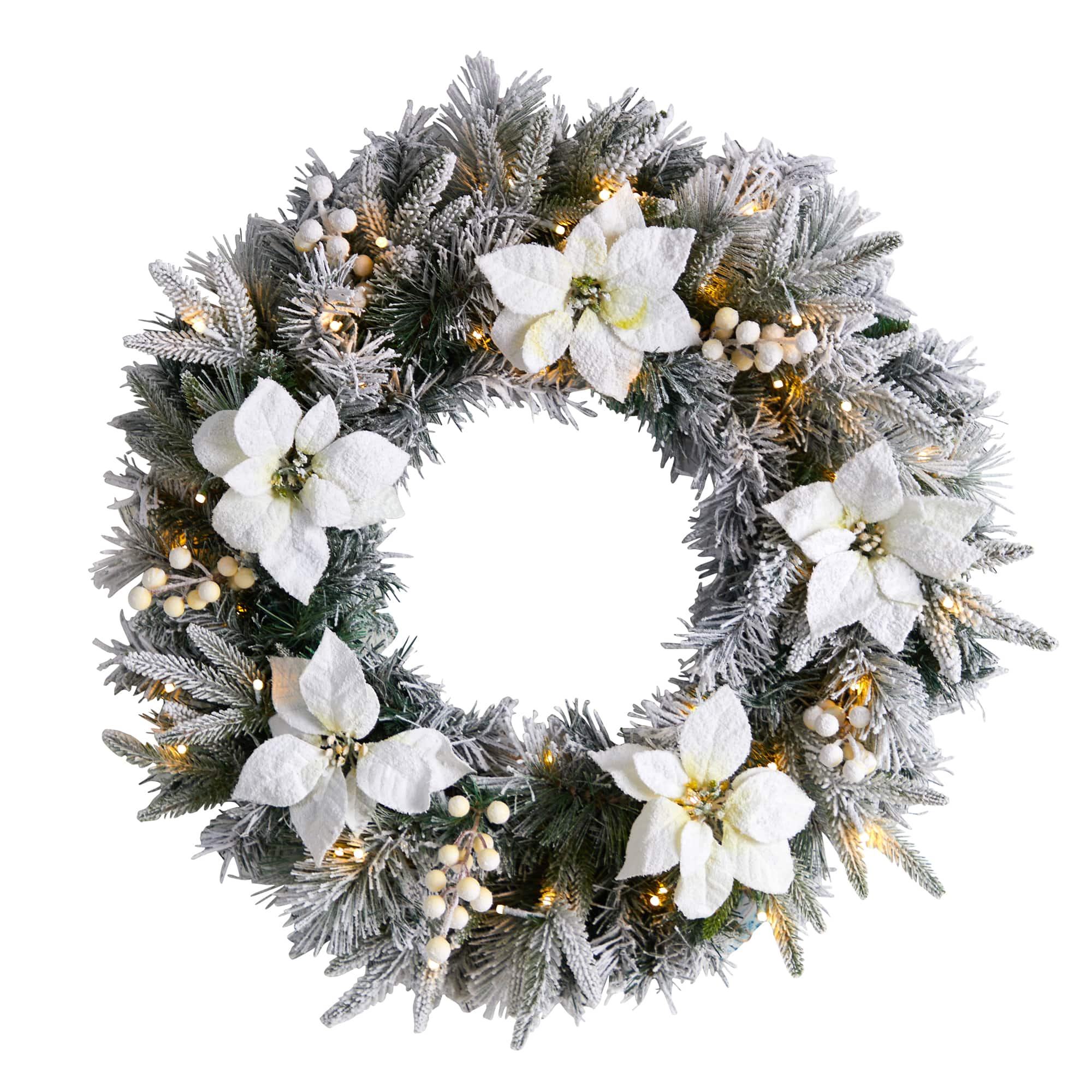 24" White LED Lights Flocked Poinsettia & Pine Artificial Christmas Wreath