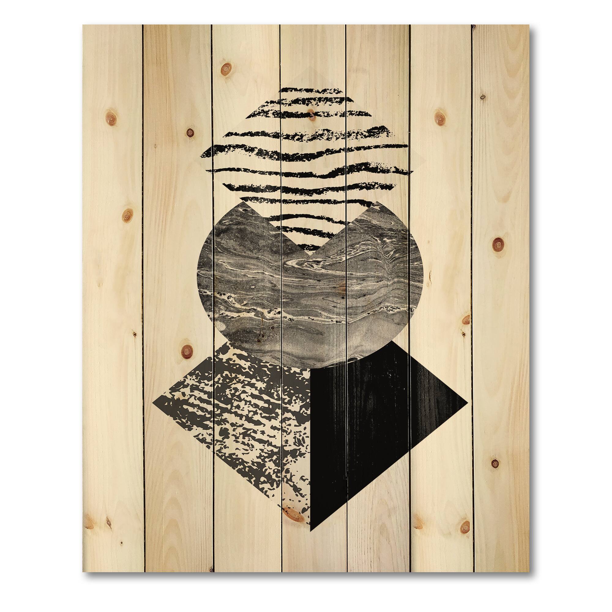 Designart - Tropical Palm Leaf With Abstract Geometry Shapes I - Modern Print on Natural Pine Wood