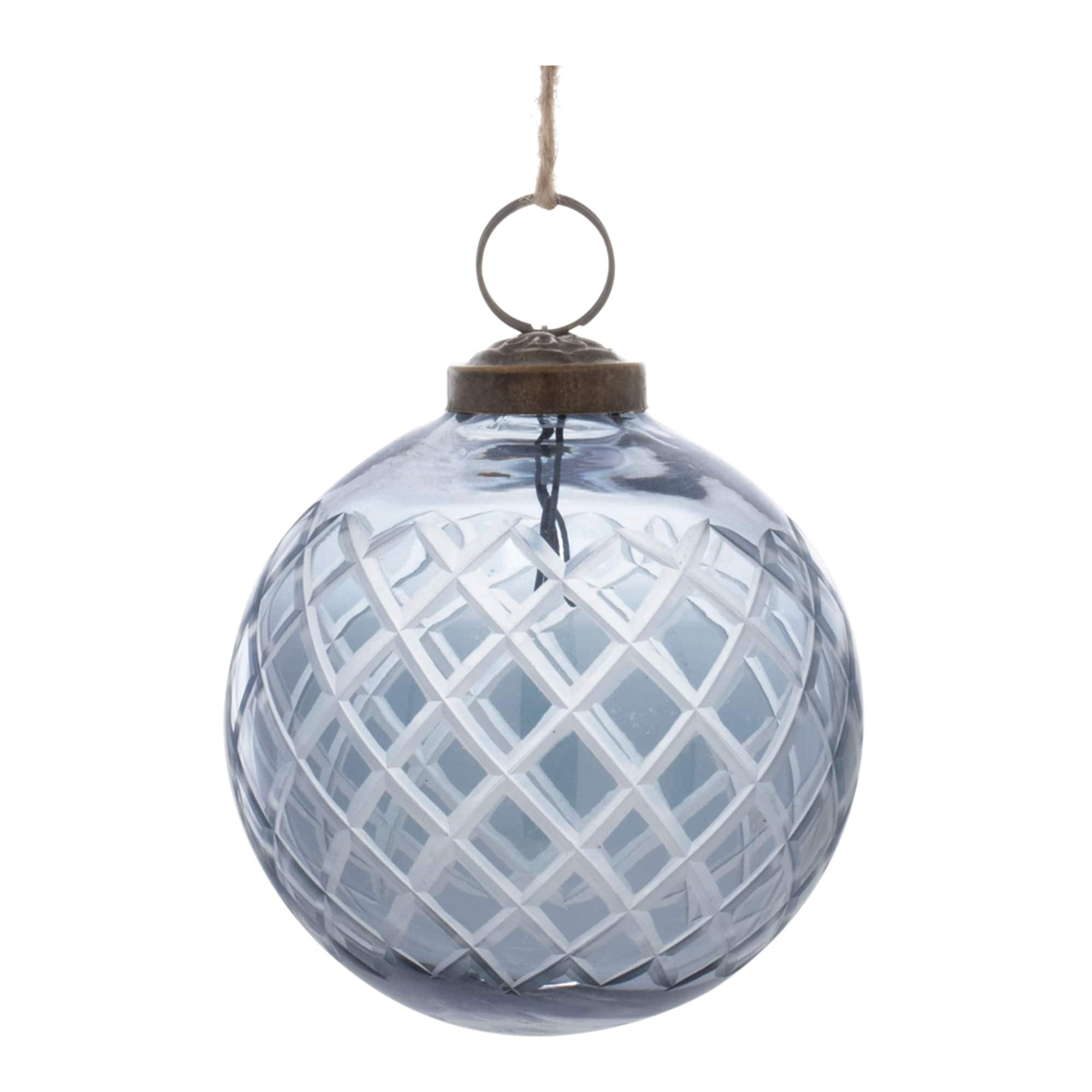 Blue Harlequin Etched Glass Ball Ornament Set