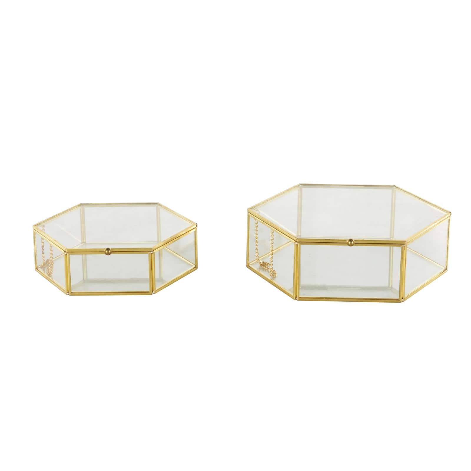 Clear & Gold Glass & Metal Hexagon Jewelry Box with Chain Accent Set