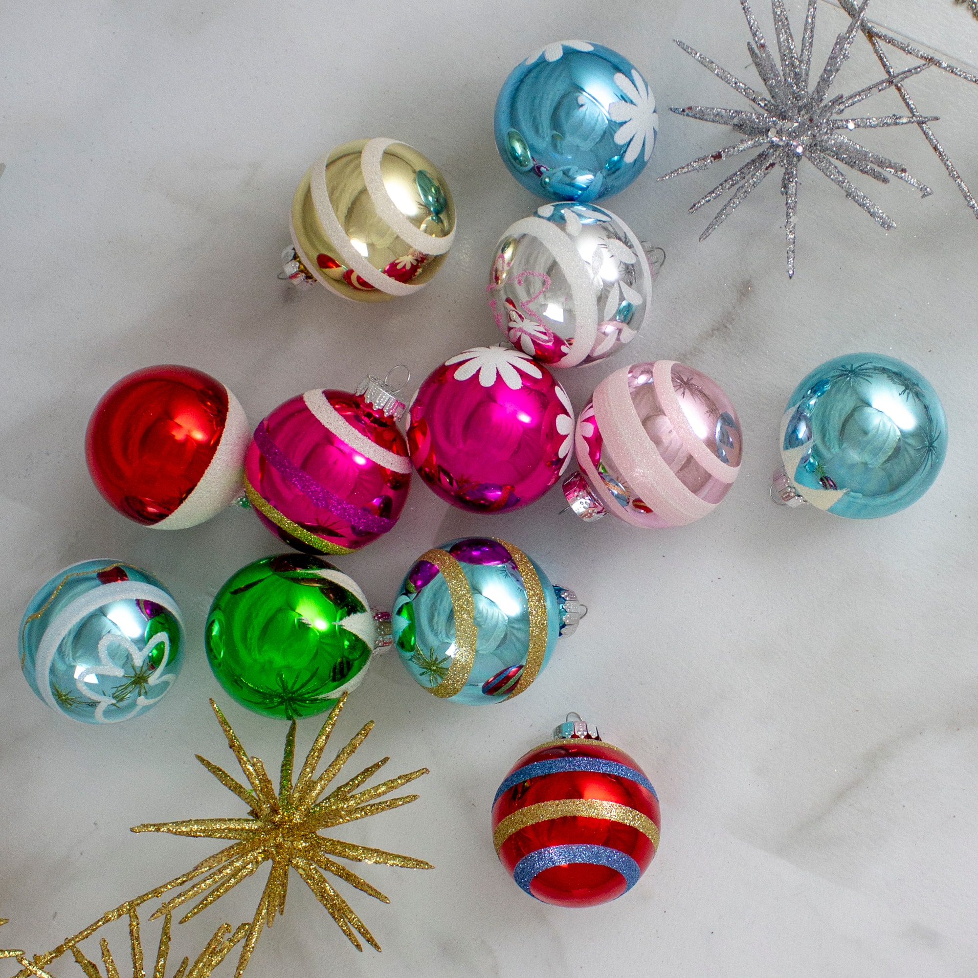 12ct. 2.5&#x22; Frosted &#x26; Glittered Multicolor Glass Ball Ornaments