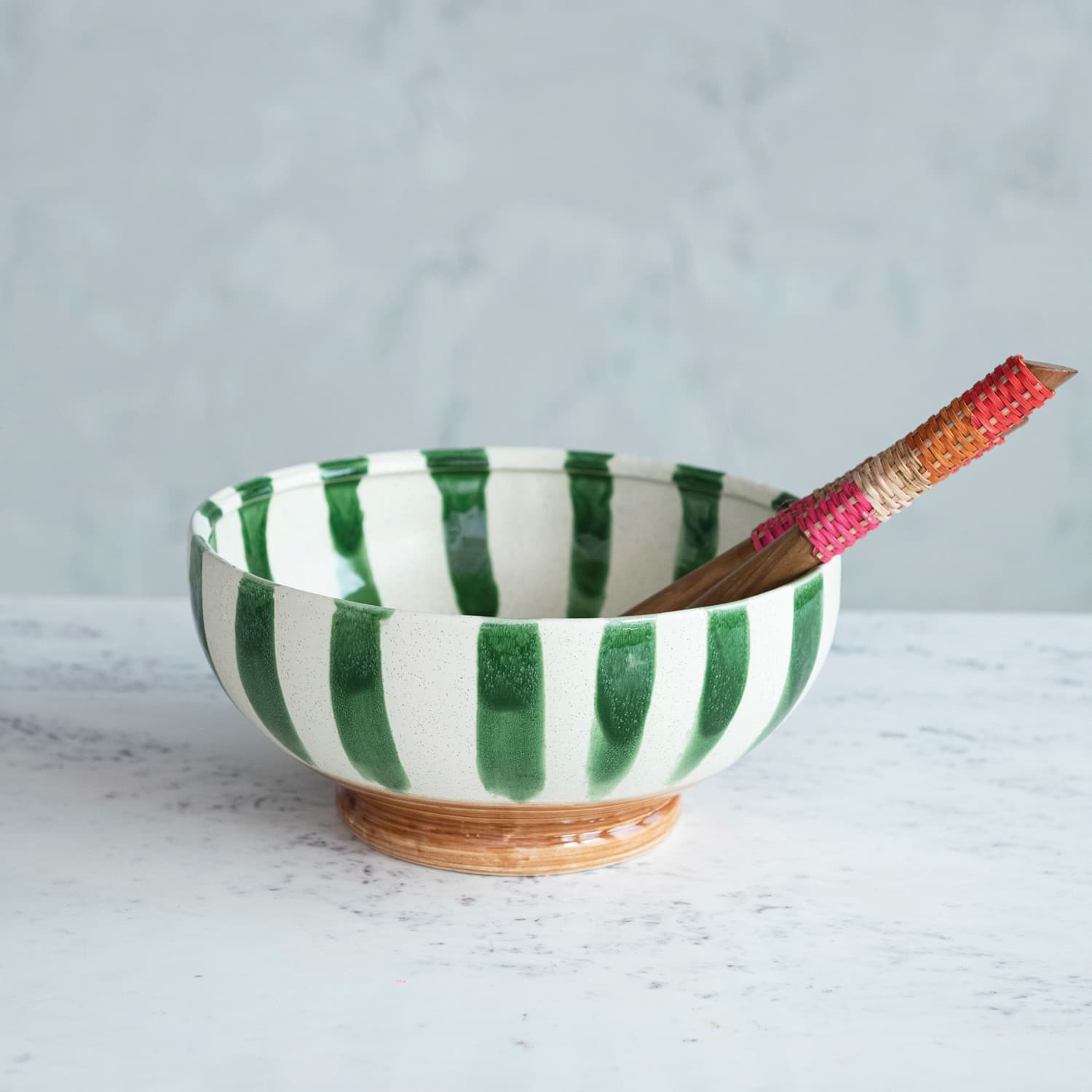 10.5&#x22; Round Hand-Painted Stoneware Footed Bowl with Stripes &#x26; Reactive Glaze