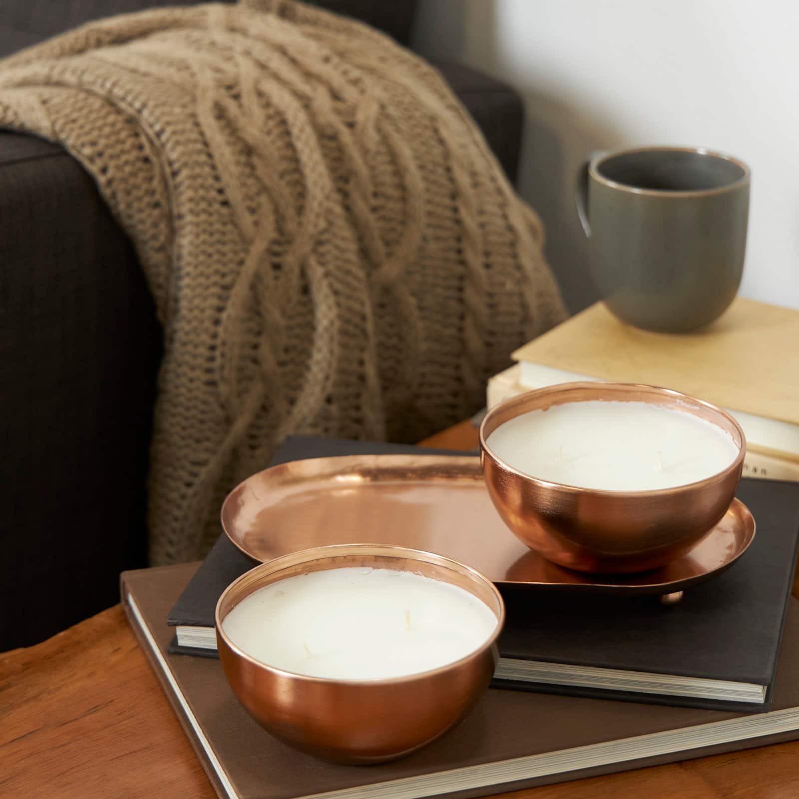 12oz. 2-Wick White Wax Tropical Breeze Scented Candle with Copper Container Bowls and Thin Oval Holding Tray Set