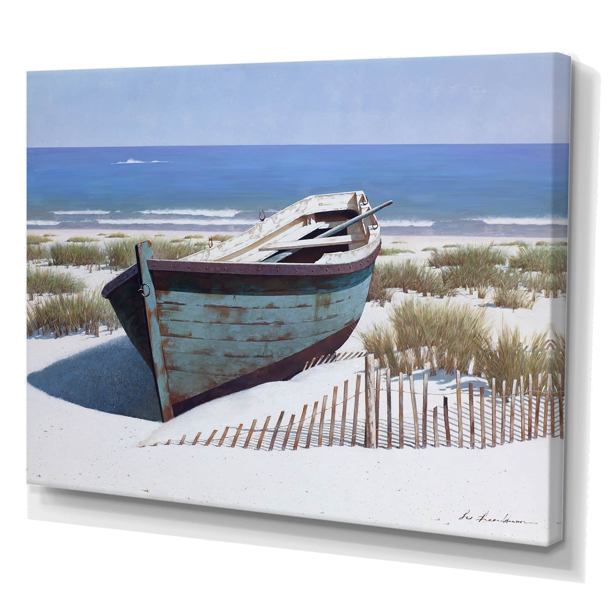 Designart - Blue Boat on Beach - Nautical & Coastal Canvas Artwork