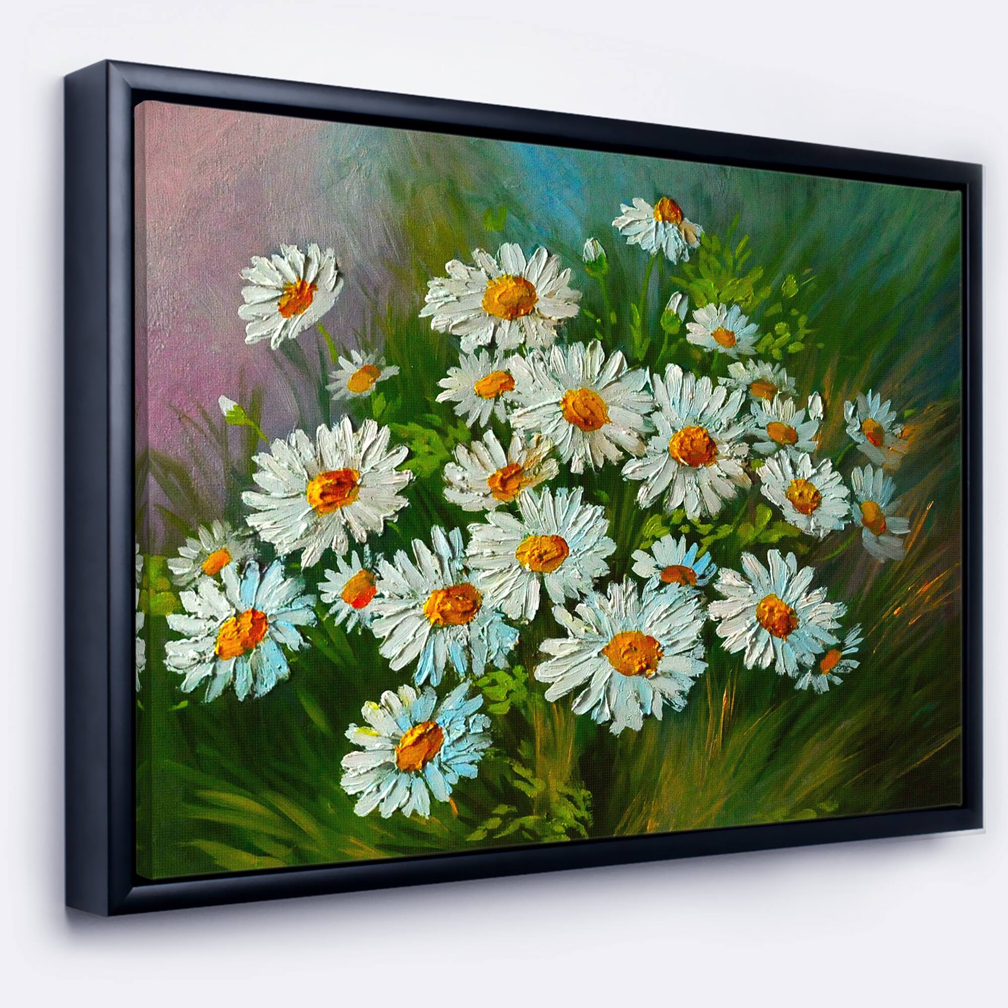 Designart - Heavily Textured Daisies Art - Floral Art Canvas Print in Black Frame