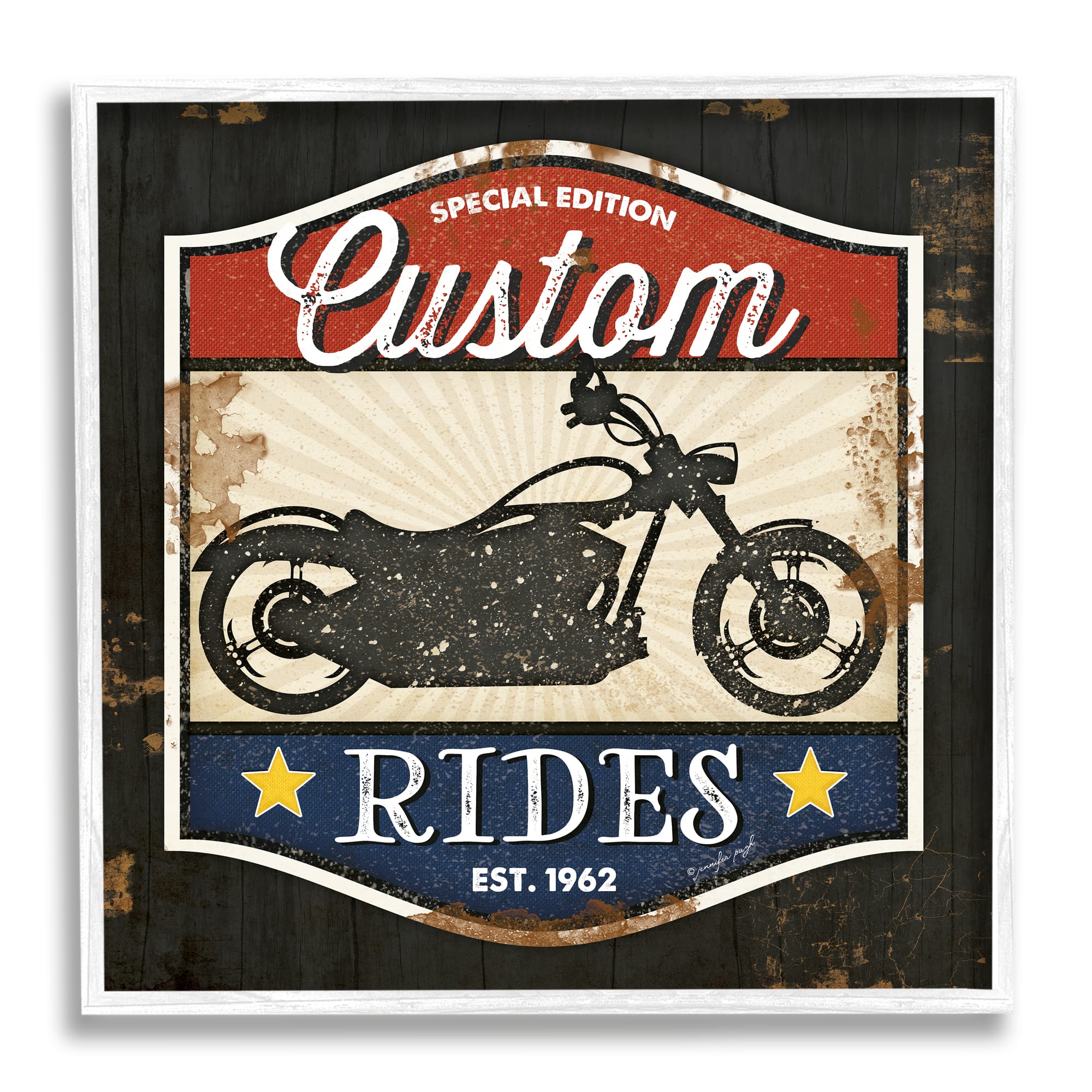 Stupell Industries Custom Rides Motorcycle Sign Vintage Americana Bike in White Frame Wall Art