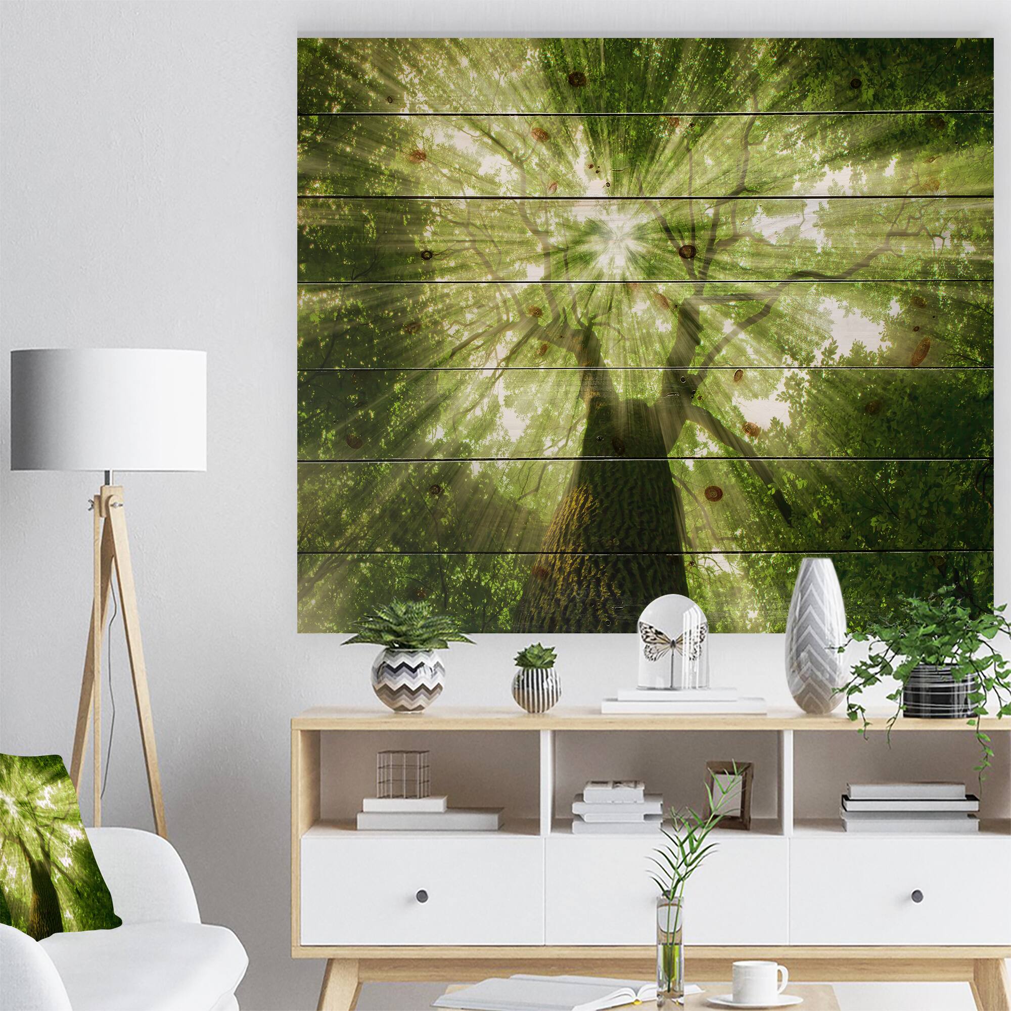 Designart - Sunlight Peeking through Green Tree - Landscape Print on Natural Pine Wood