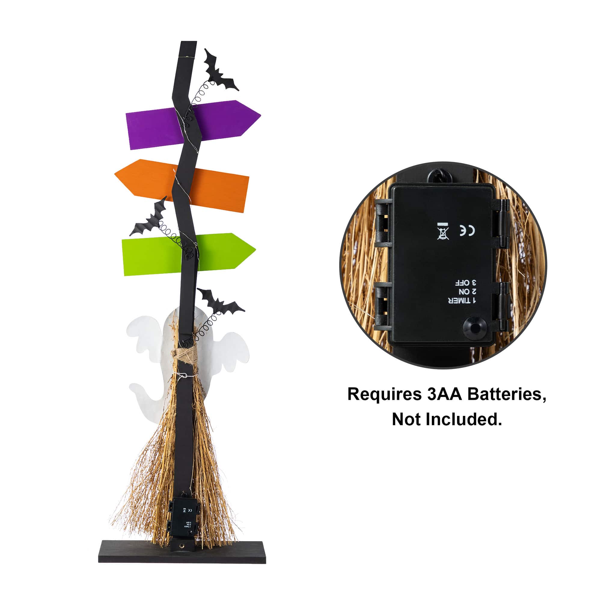 Glitzhome&#xAE; 41.75&#x22;H Lighted Halloween Wooden Ghost&#x27;s Broom Porch Decor