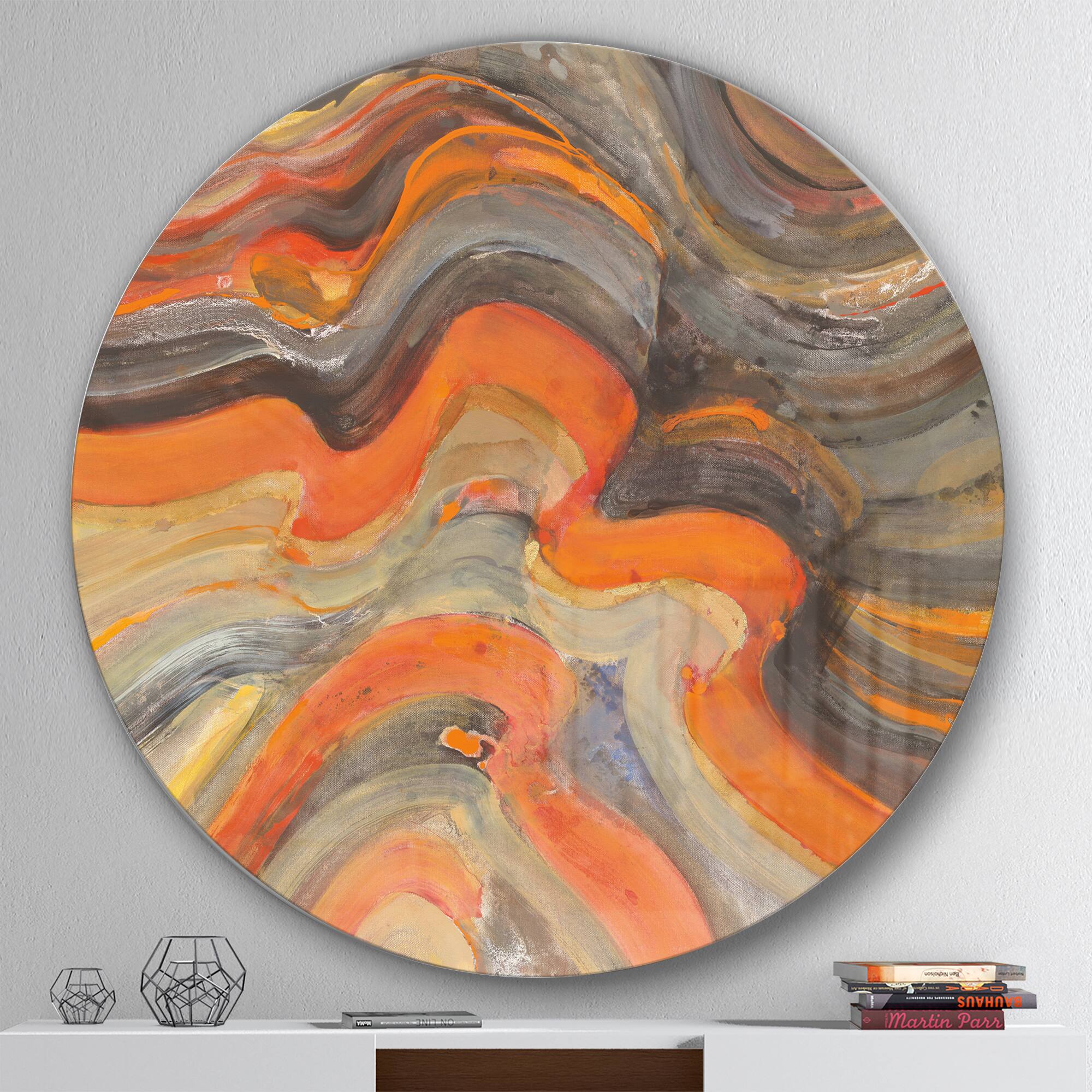 Designart - Abstract Gilded Orange Waves - Geometric Metal Circle Wall Art