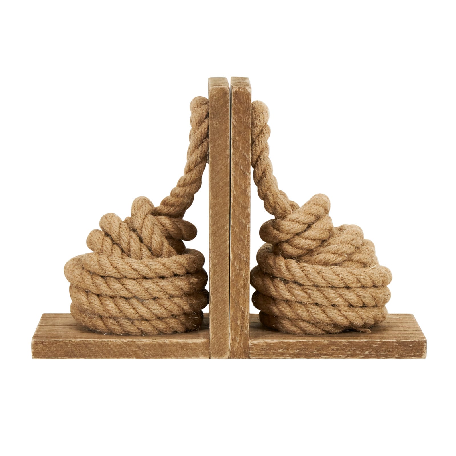 7&#x22; Brown Wood Knot Rope Bookends with Distressed L-Shaped Stands Set