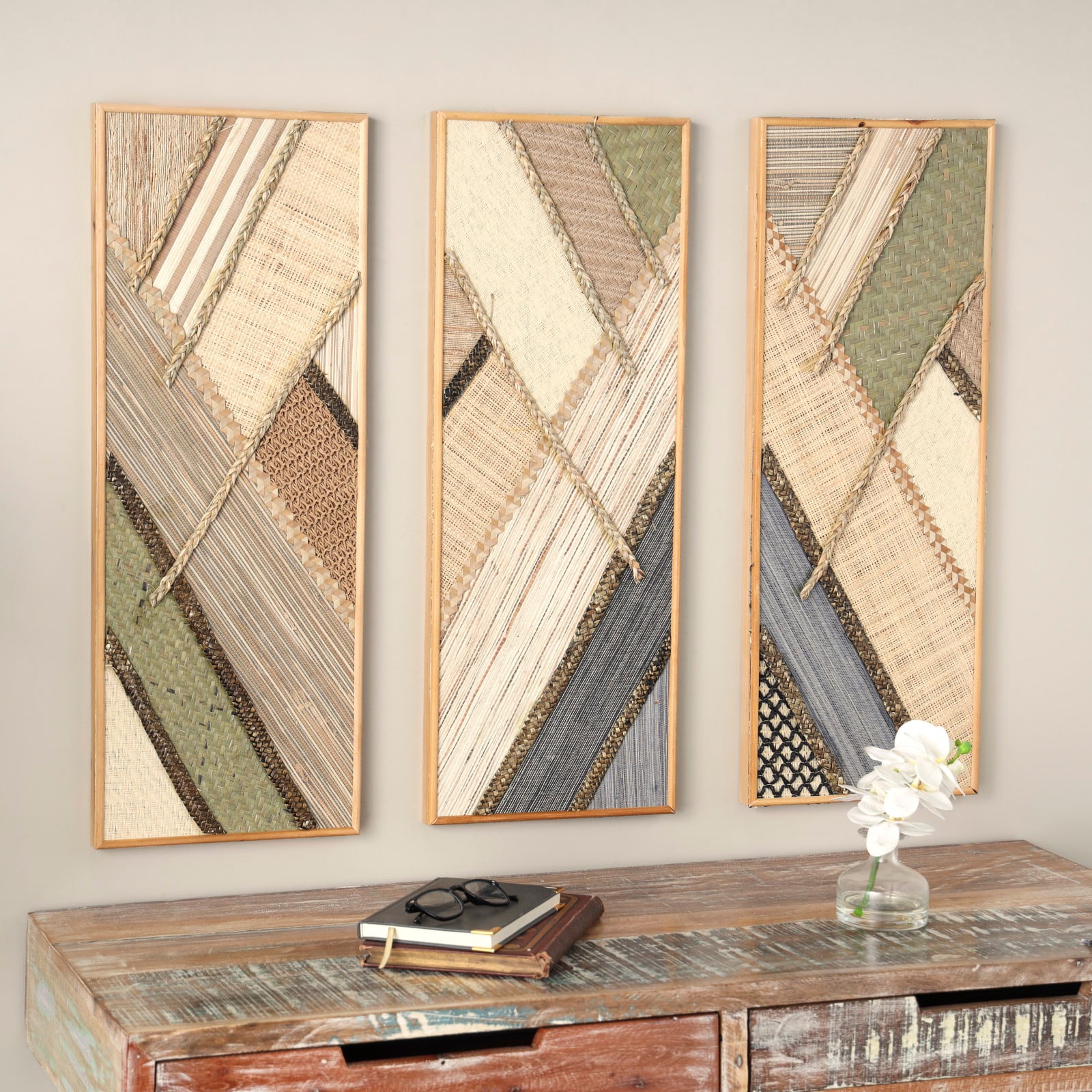 Brown Handmade Geometric Textured Mixed Media Diagonal Wall D&#xE9;cor Set