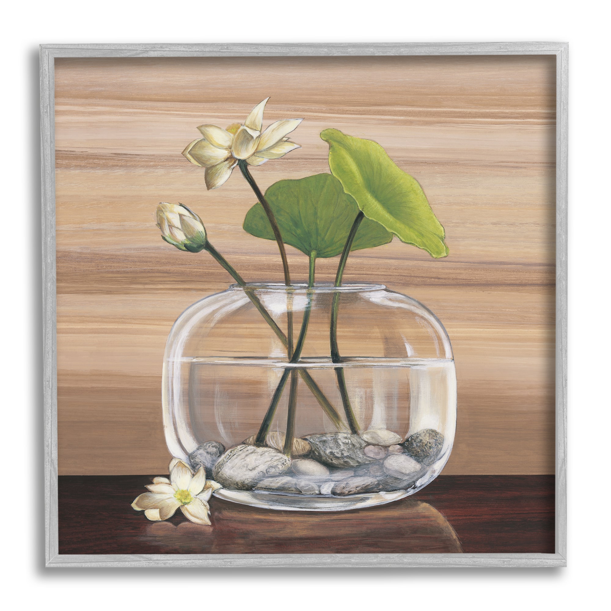 Stupell Industries White Water Lilies and Lilypad In Vase Still-Life in Gray Frame Wall Art