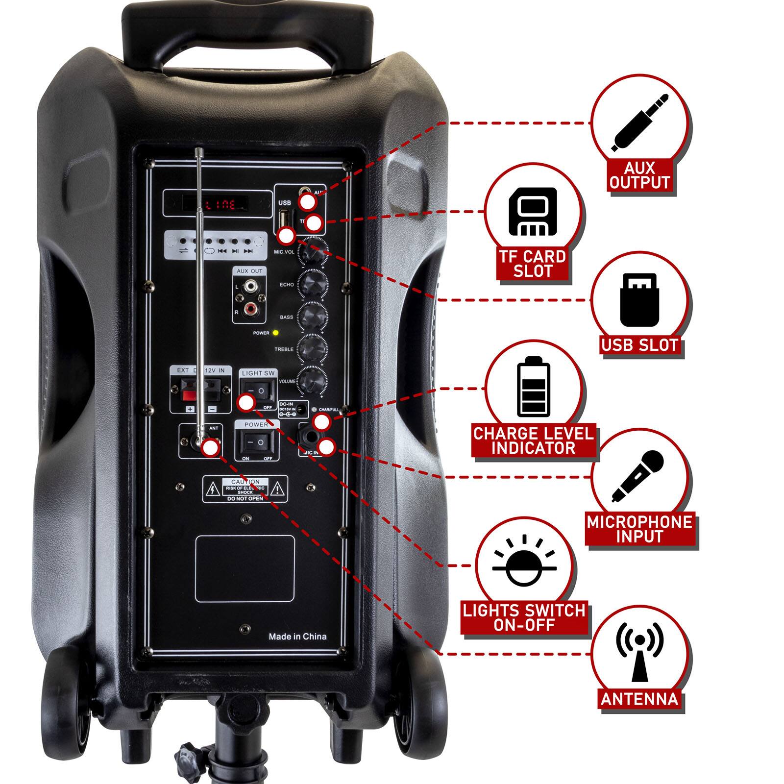 beFree Sound 12" Bluetooth Rechargeable Portable PA Party Speaker With Reactive LED Lights & Stand