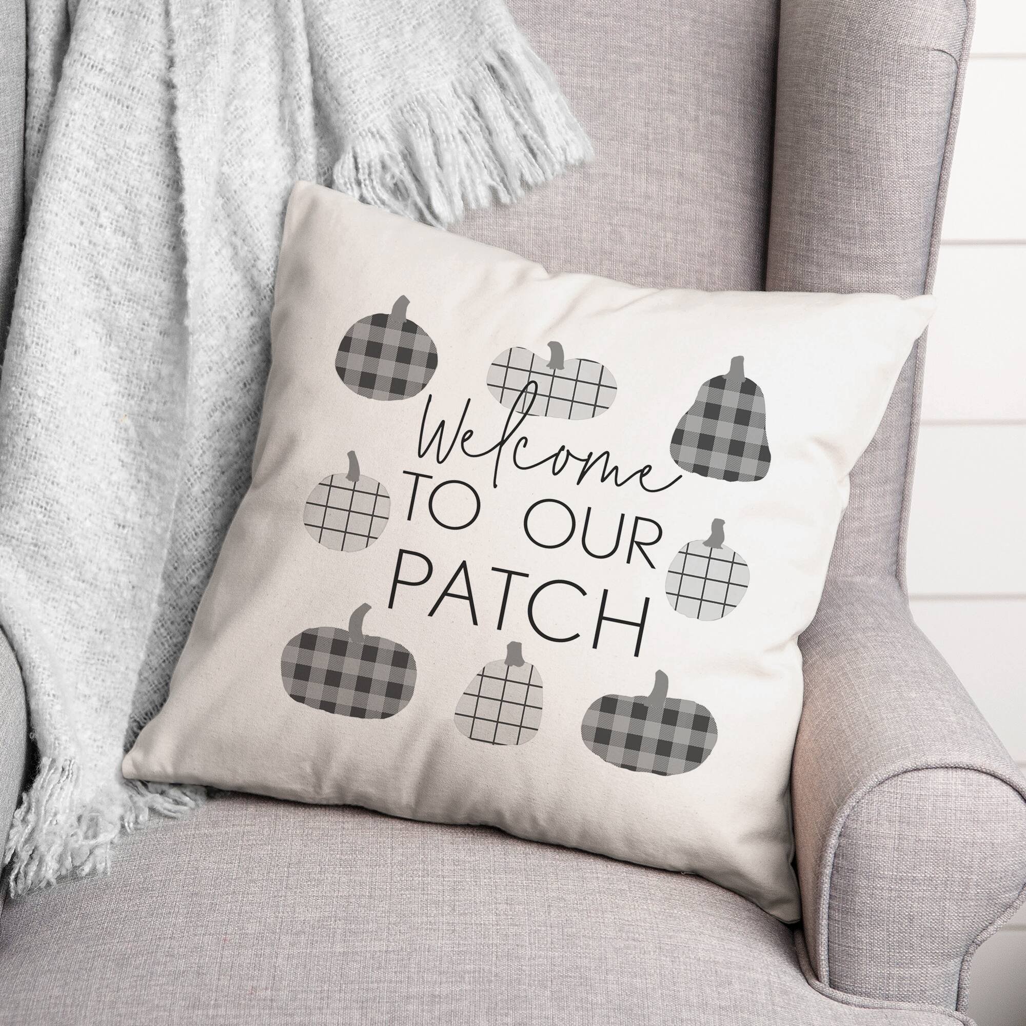 Gray & White Welcome Checkered Pumpkins Throw Pillow