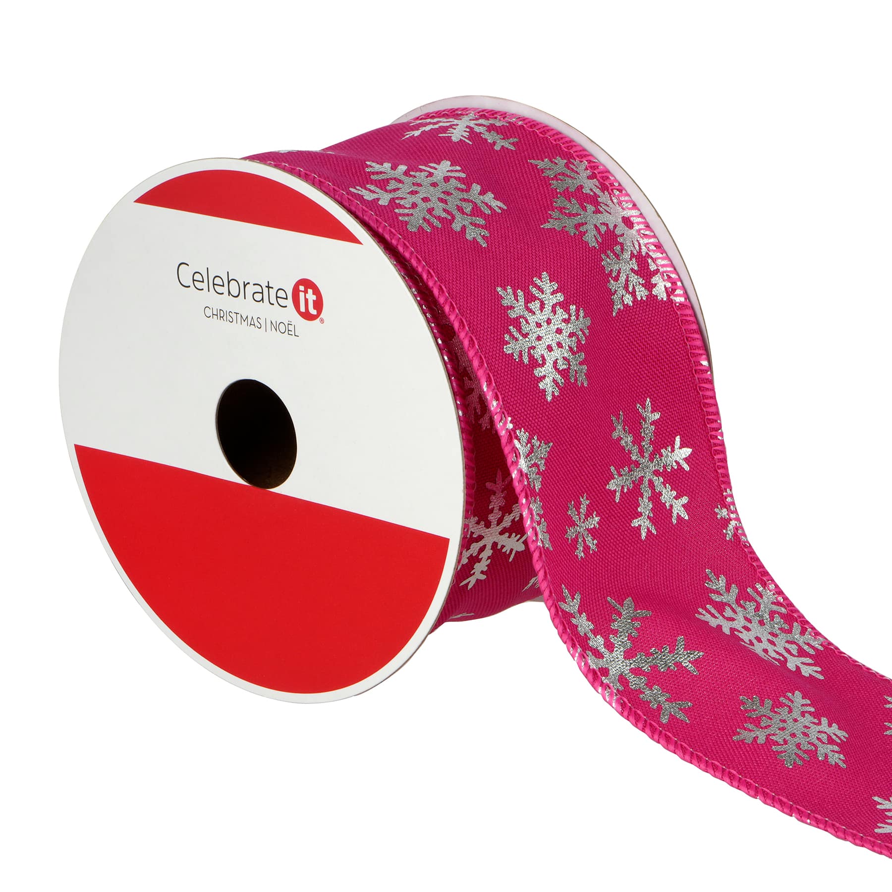 2.5&#x22; x 30ft. Hot Pink &#x26; Silver Snowflakes Wired Ribbon by Celebrate It&#xAE;