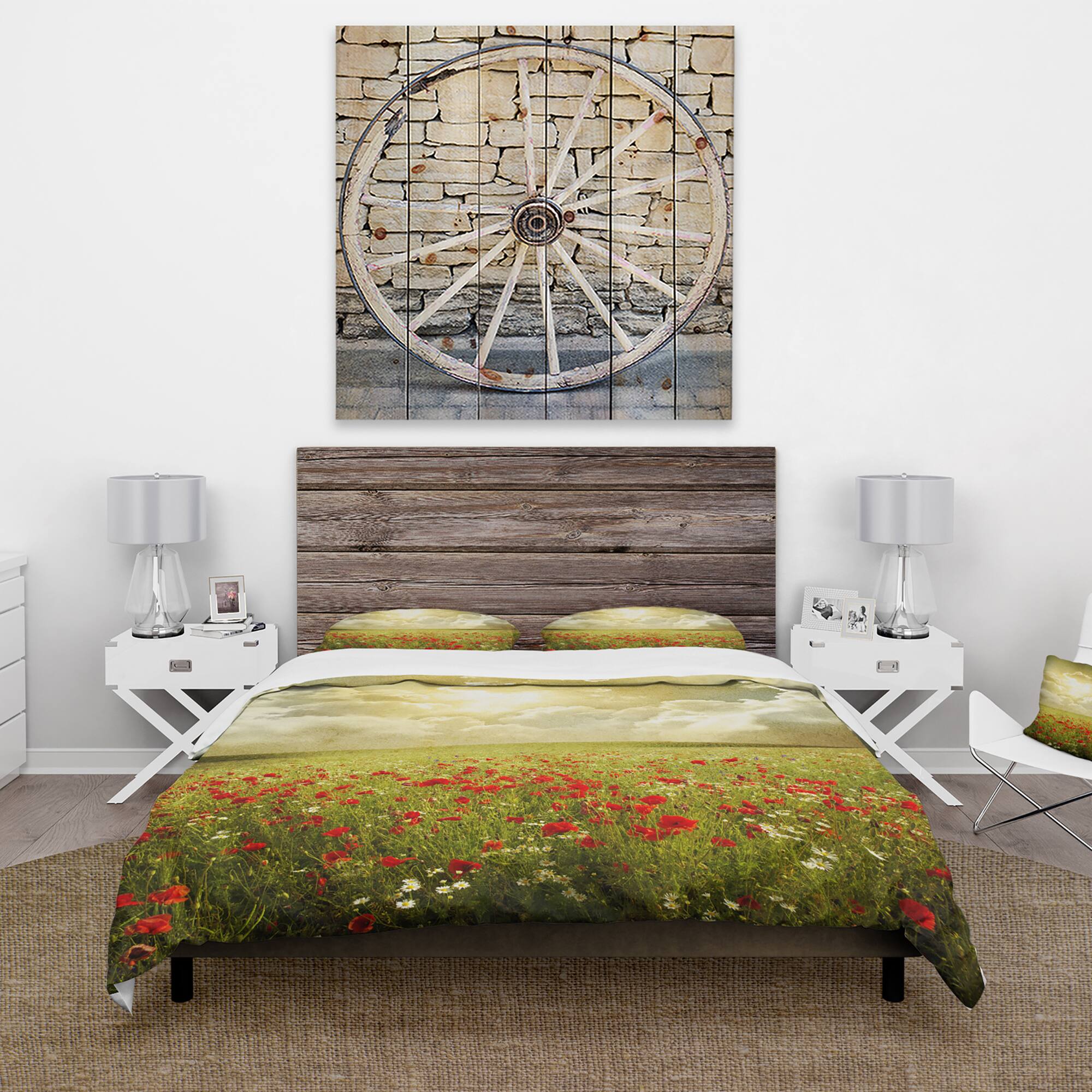 Designart &#x27;Wild Poppies on Cloudy Background&#x27; Rustic Bedding Set - Duvet Cover &#x26; Shams