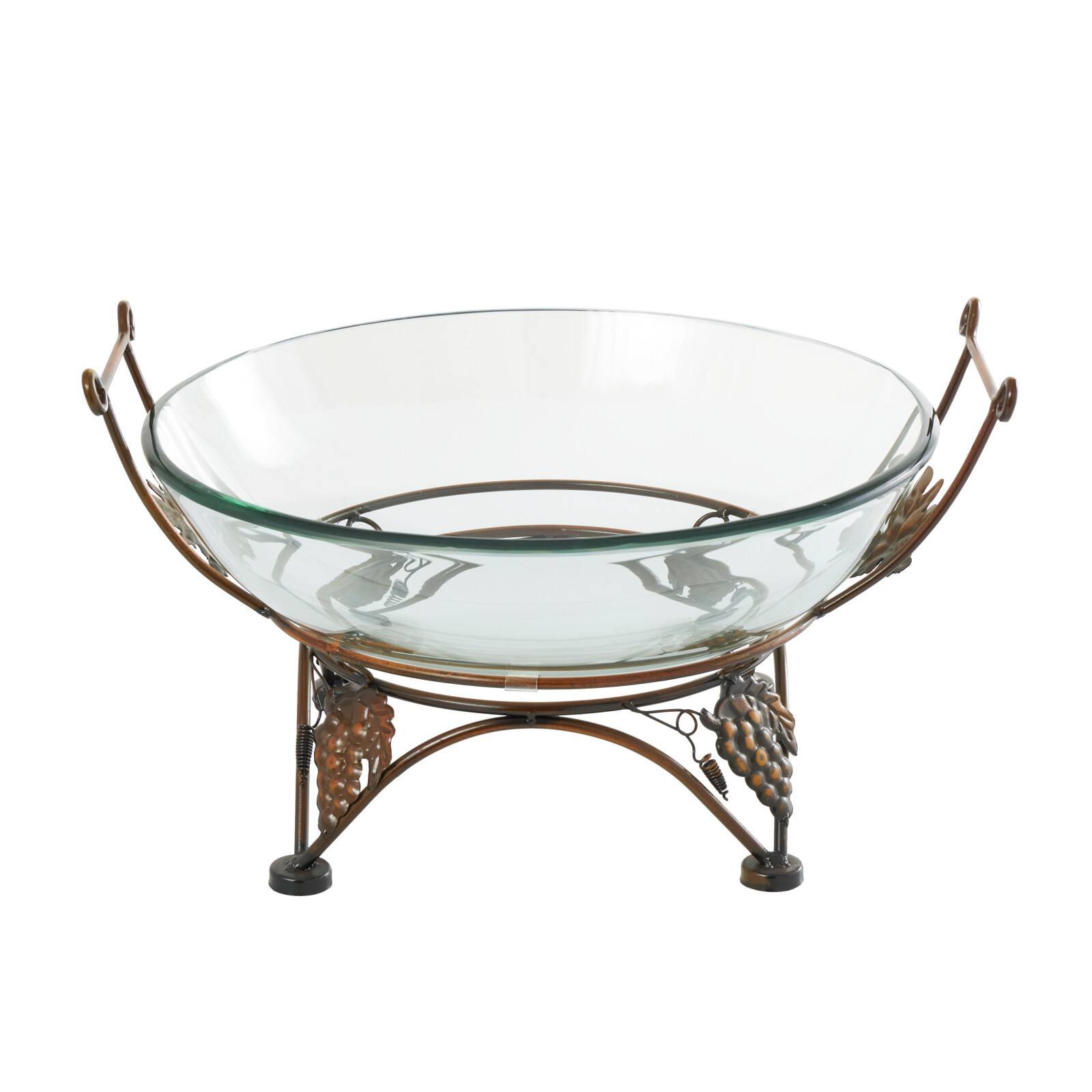 19&#x22; Clear Tempered Glass Kitchen Serving Bowl with Copper Metal Grapes Base
