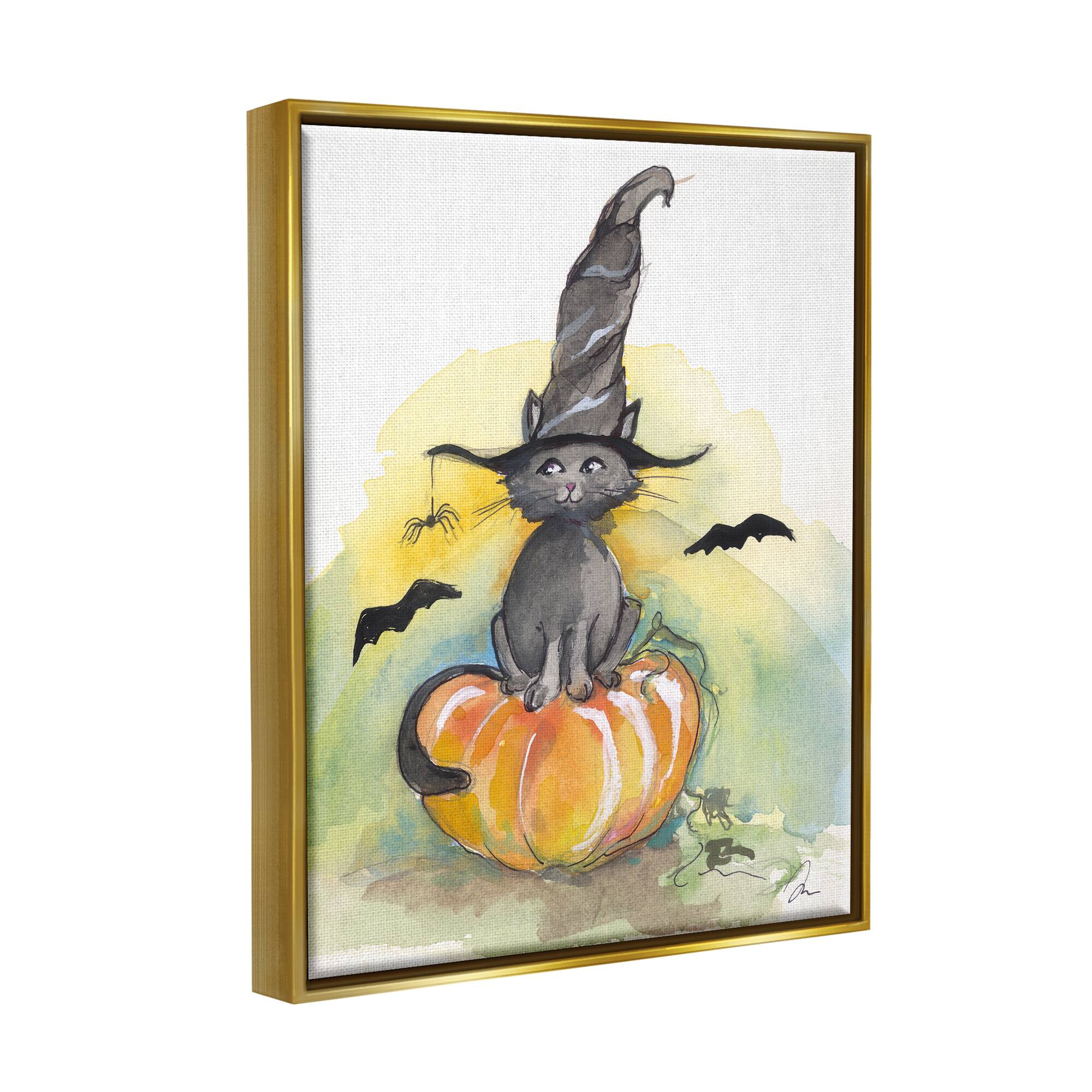 Stupell Industries Witch Cat on Pumpkin Framed Floater Canvas Wall Art