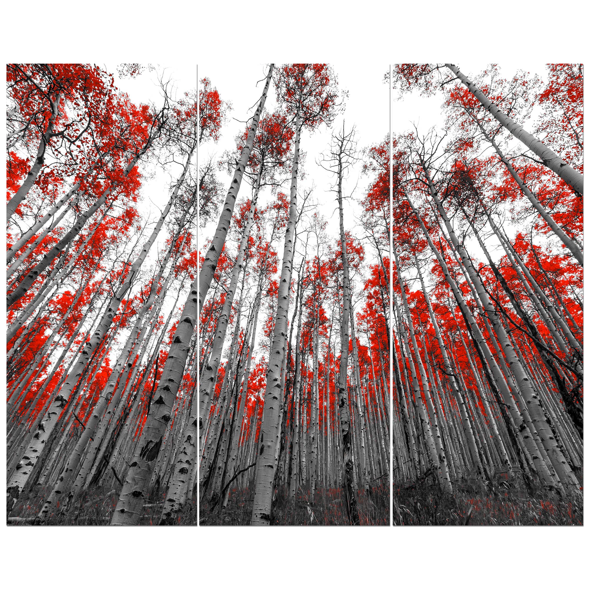 Designart - Red Leaf Trees in Tall Forest - Floral Landscapes Photographic on Wrapped Canvas set