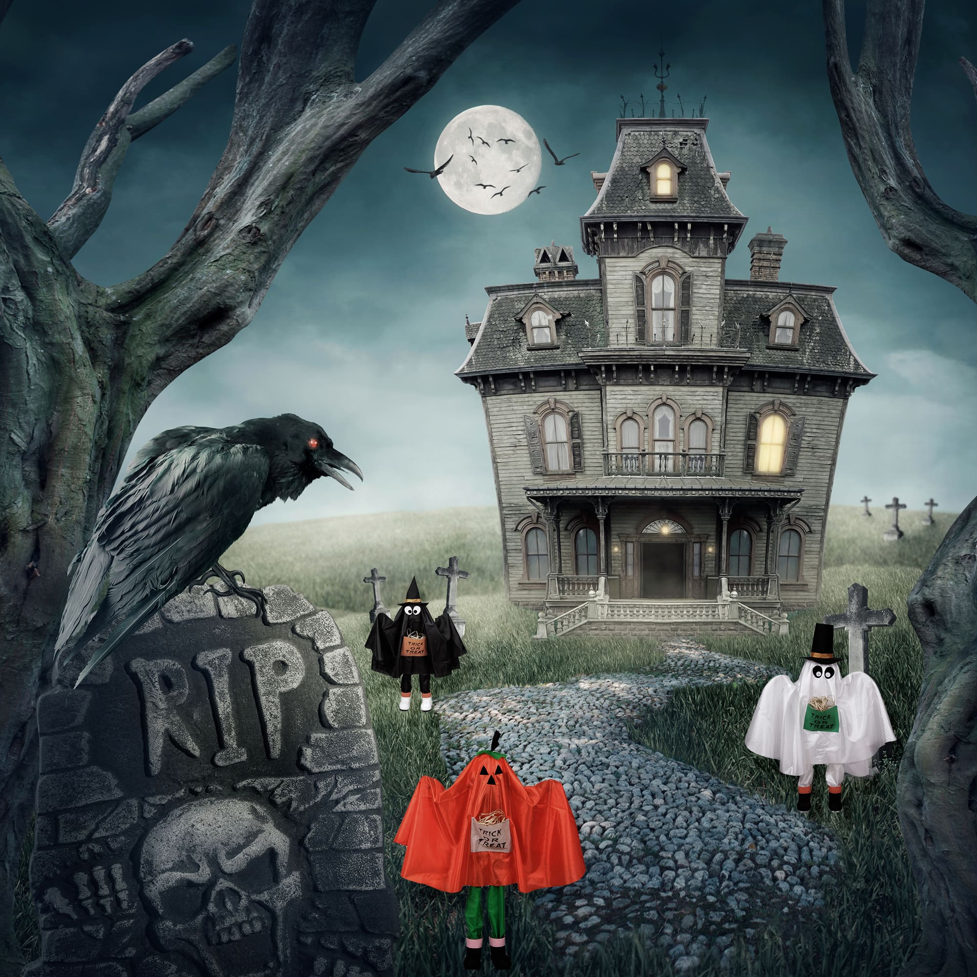 Ghost, Pumpkin & Bat Standing Halloween Kid Figures Set