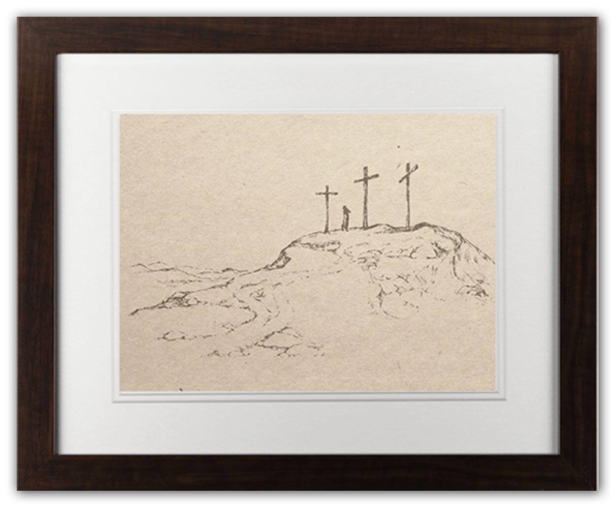 Crosses On Hill Sketch 5 11" x 14" Walnut Framed Print Under Plexiglass