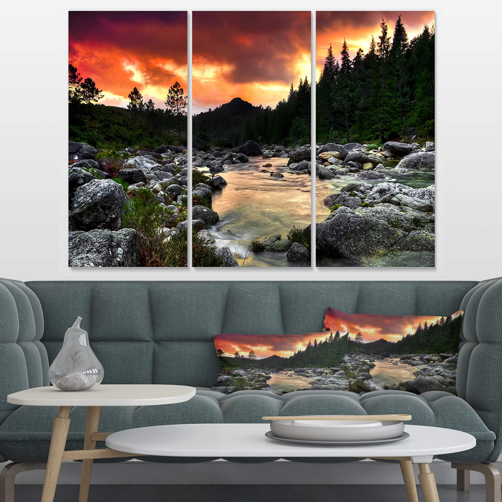 Designart - Rocky Mountain River at Sunset - Extra Large Wall Art Landscape