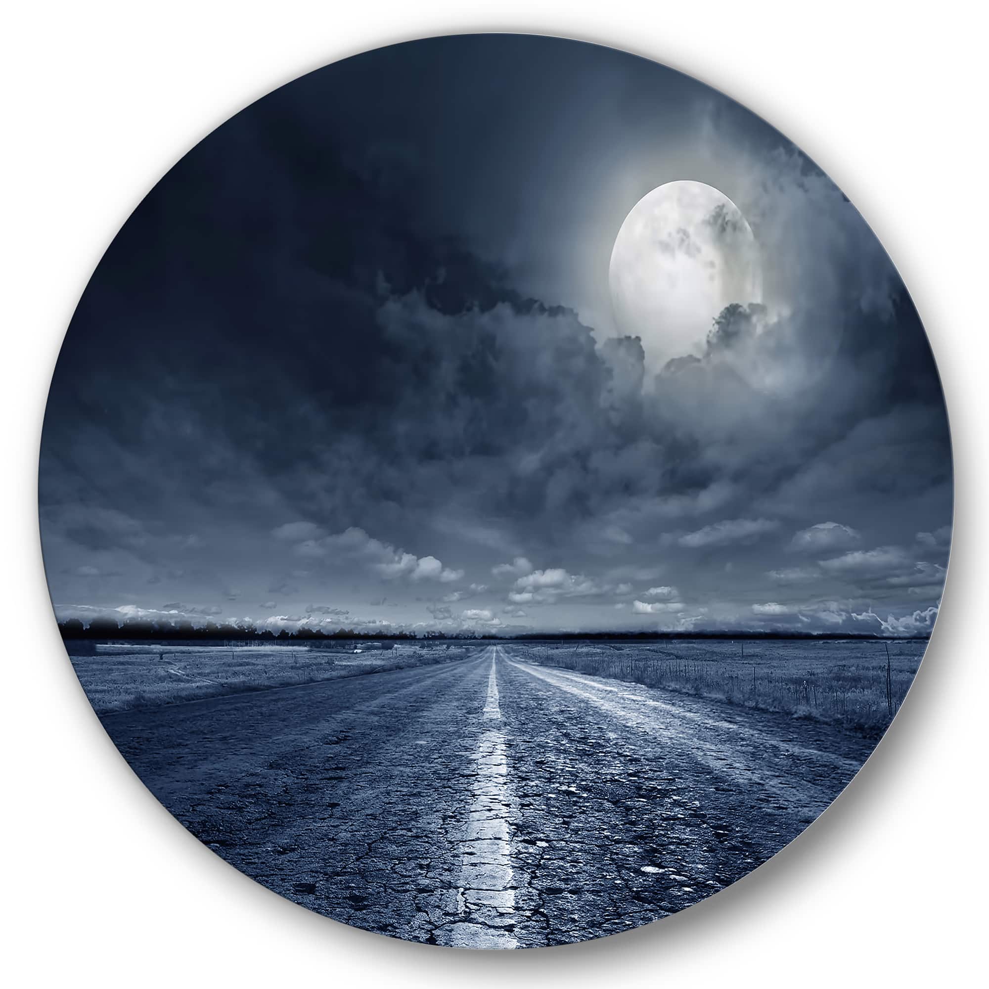 Designart - Asphalt Road Under Cloudy Full Moon I - Nautical &#x26; Coastal Metal Circle Wall Art